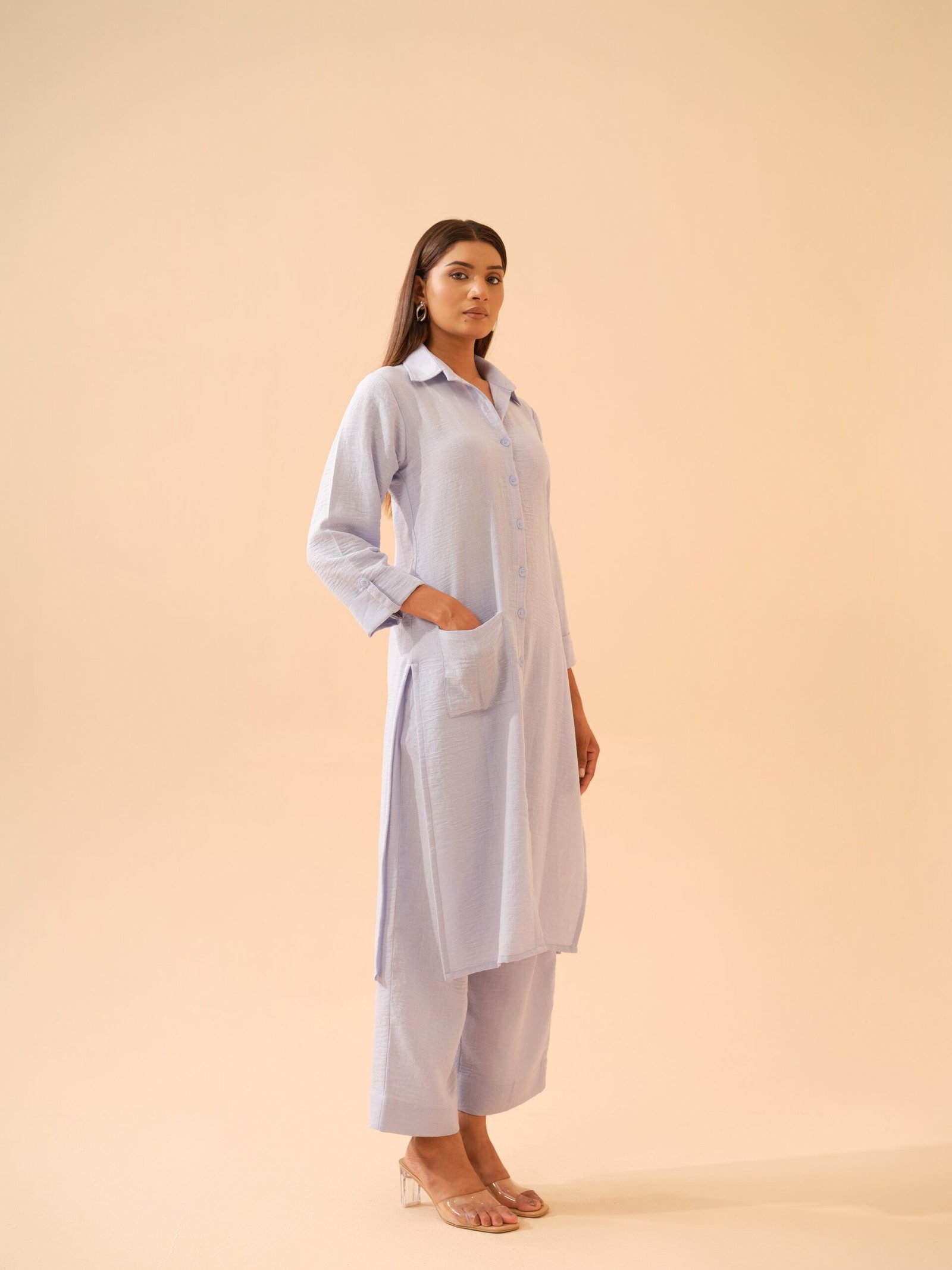 Winter Blue Cotton Linen Shirt Kurta with Pants- Set of 2