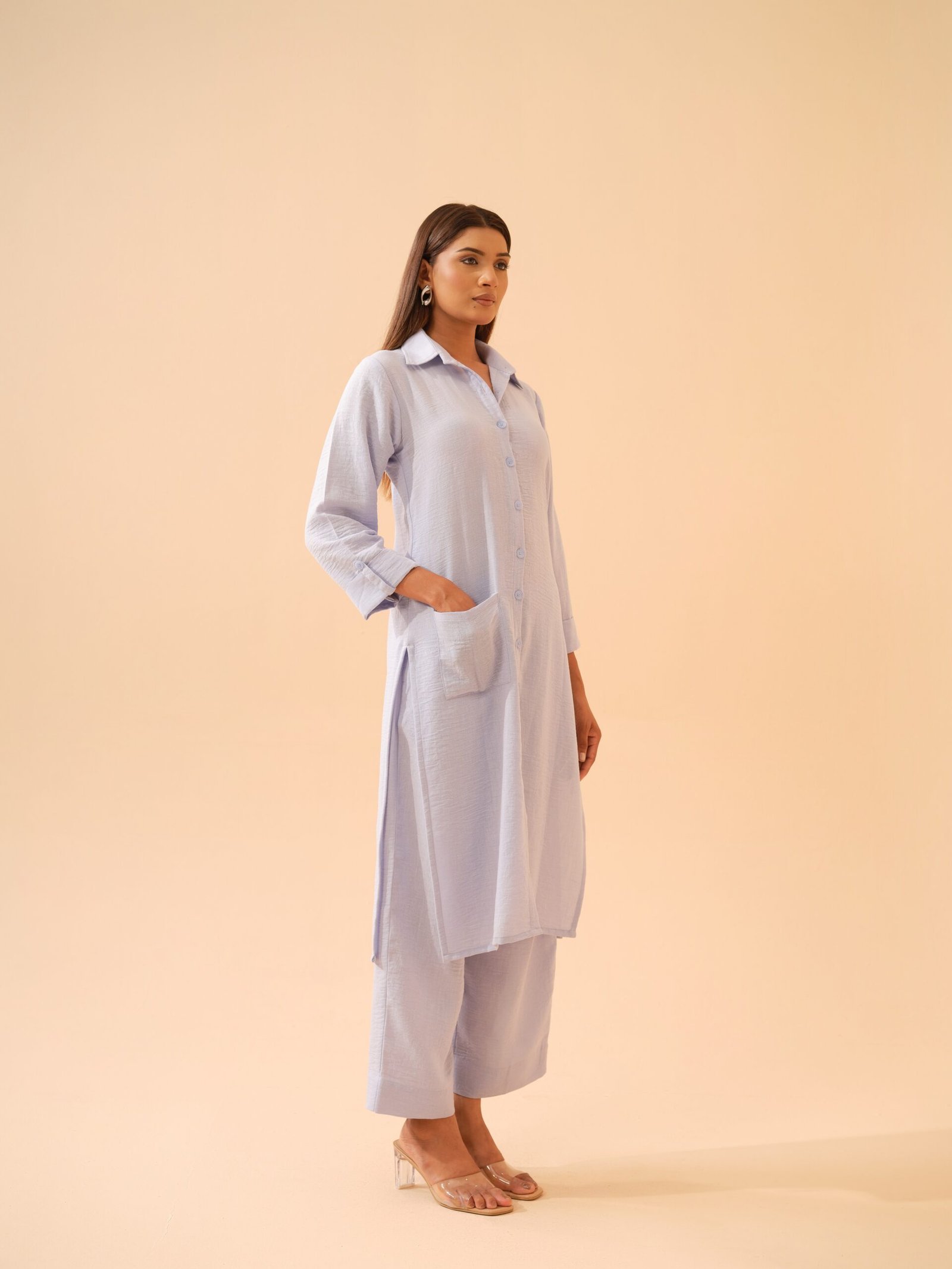 Winter Blue Cotton Linen Shirt Kurta with Pants- Set of 2