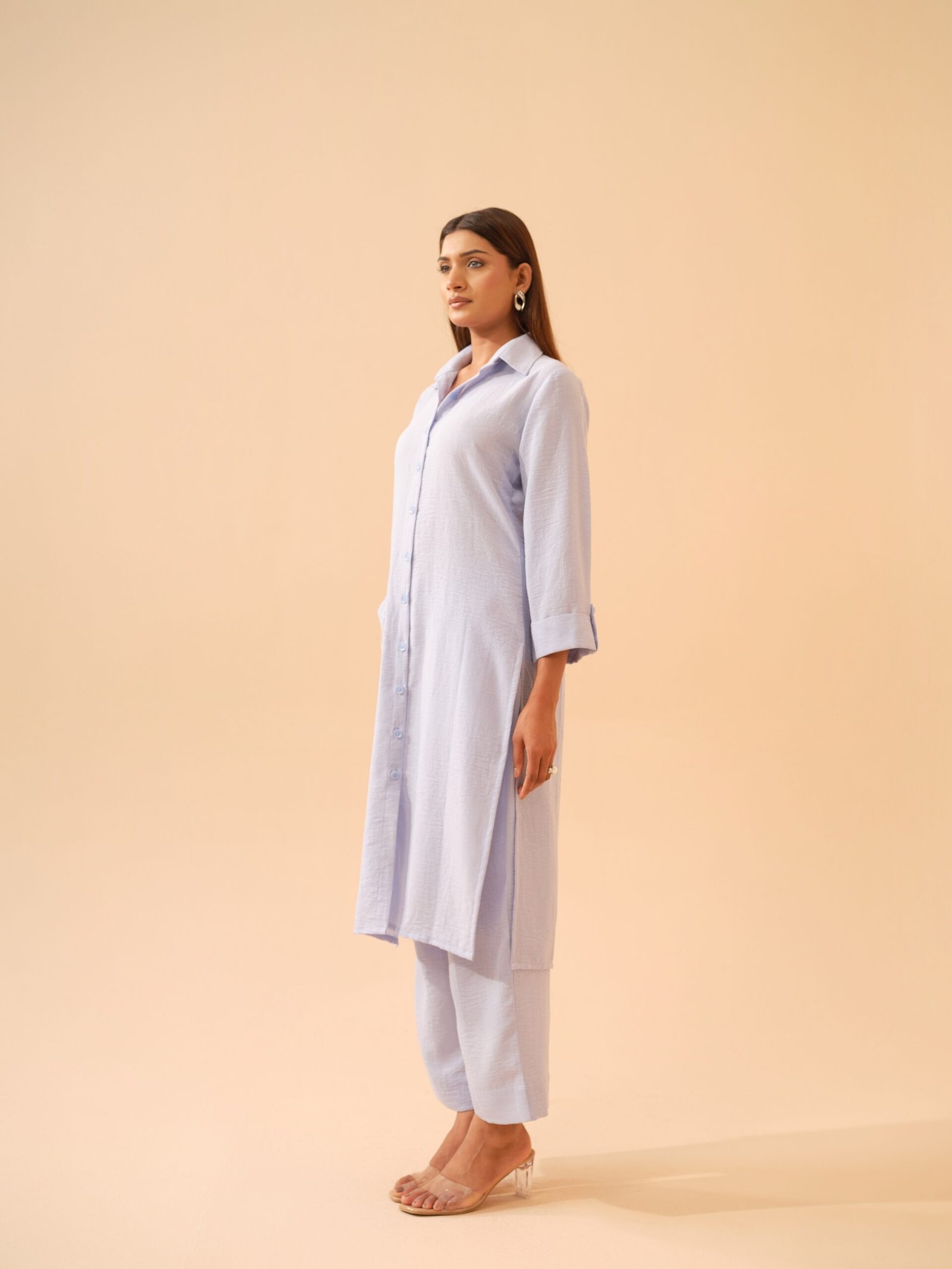 Winter Blue Cotton Linen Shirt Kurta with Pants- Set of 2