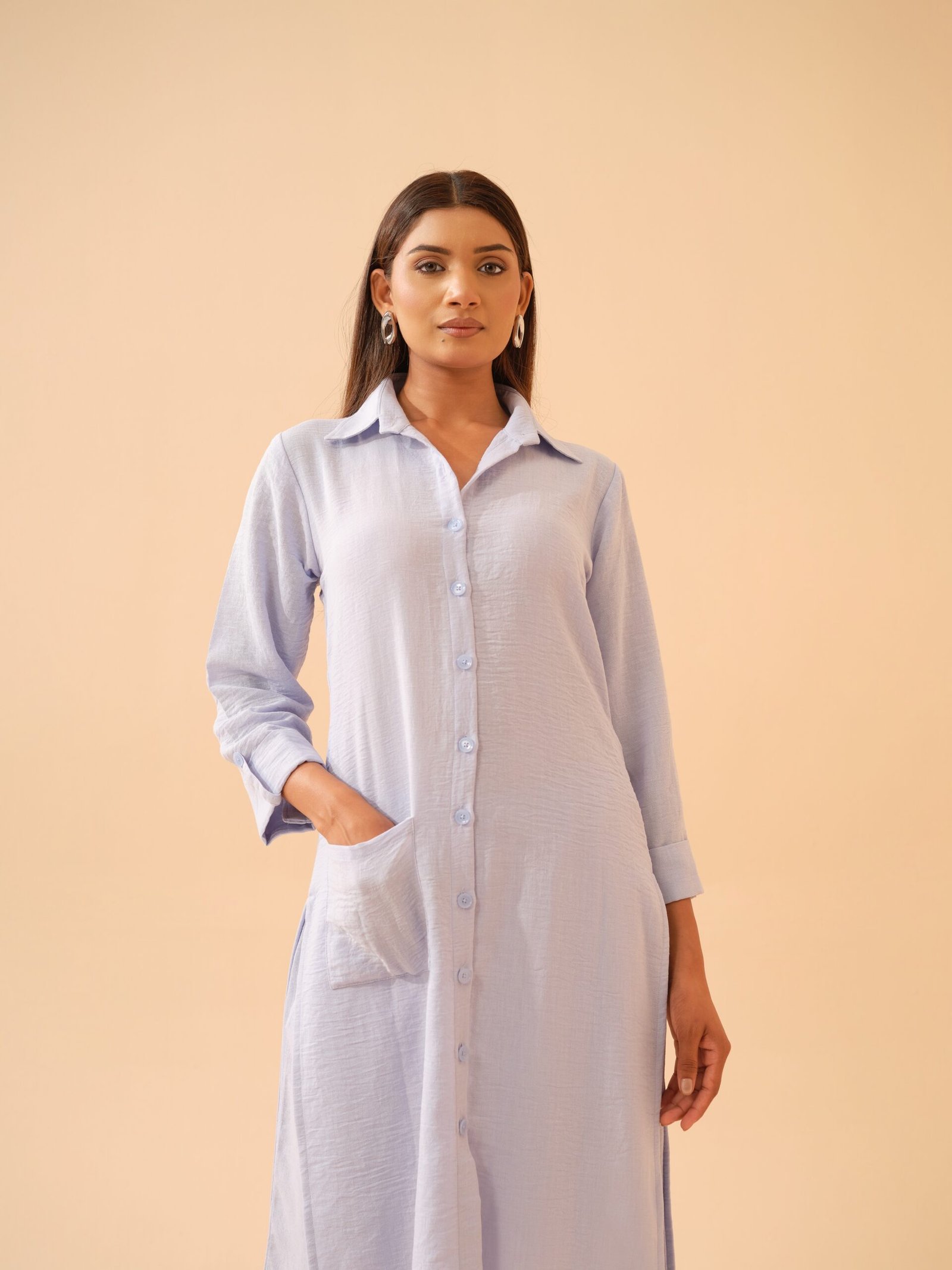 Winter Blue Cotton Linen Shirt Kurta with Pants- Set of 2