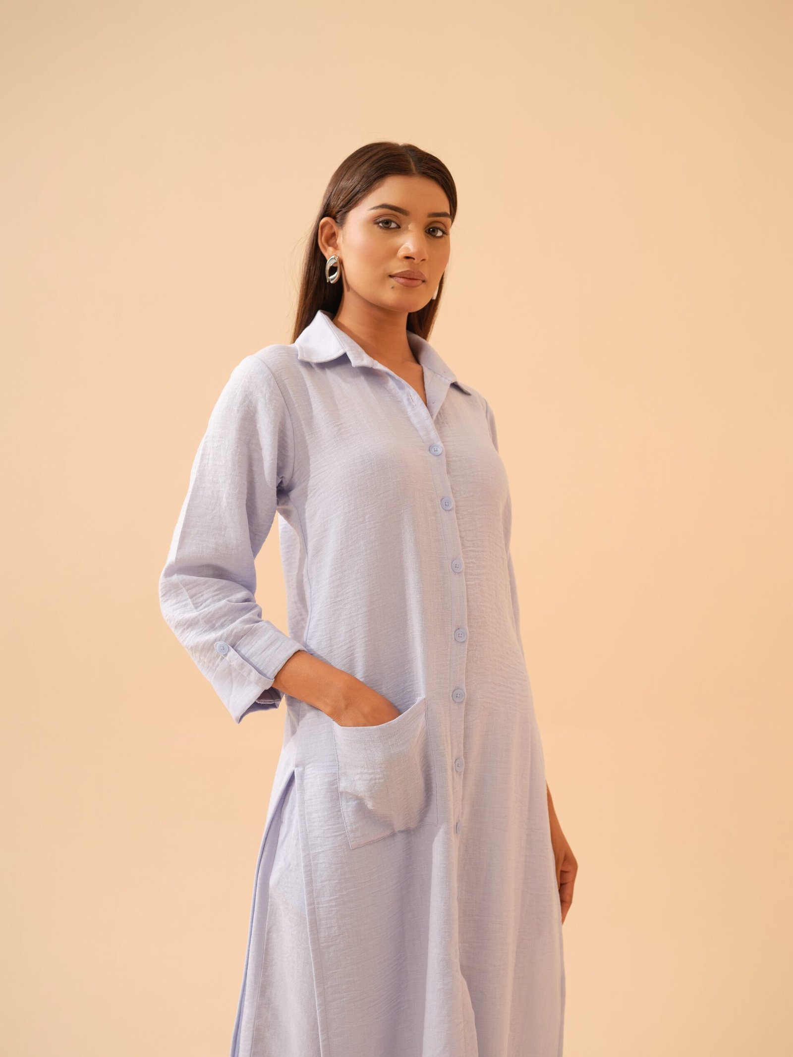 Winter Blue Cotton Linen Shirt Kurta with Pants- Set of 2
