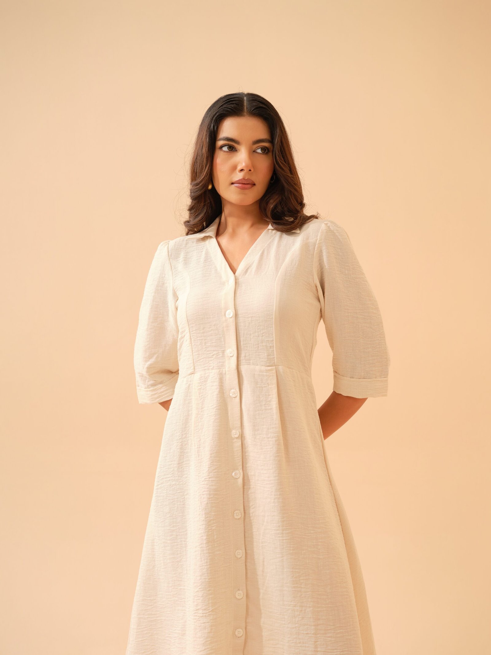 Off White Cotton Linen Shirt Collar Dress
