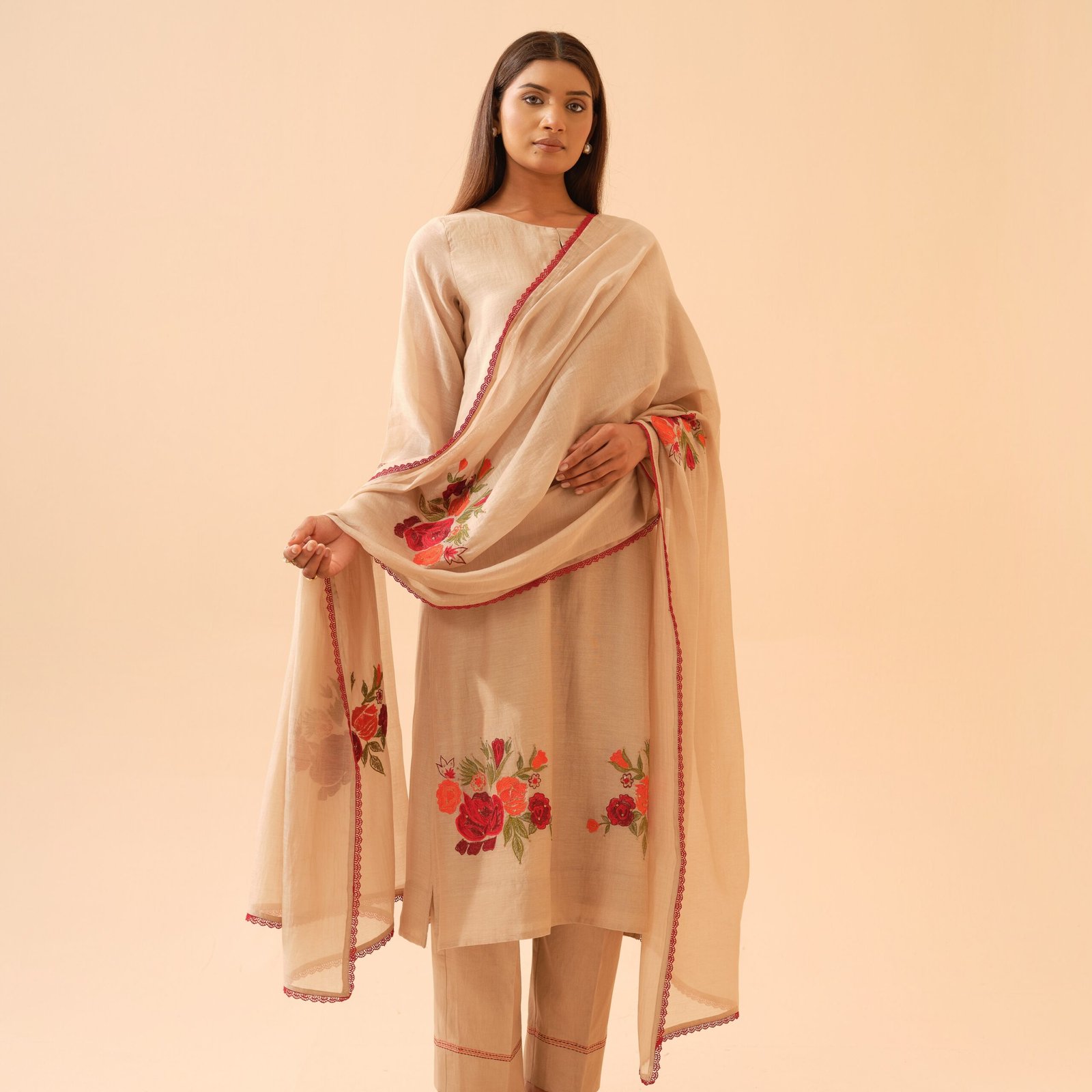 Gulbahaar - Soft Golden Beige Mul Chanderi kurta Set with Dupatta