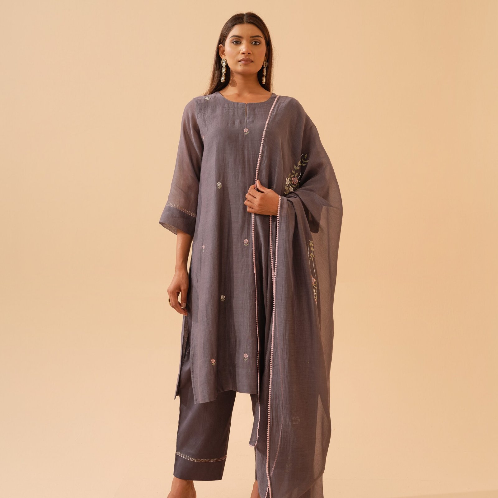 Taara - Grey Mul Chanderi Kurta Set with Dupatta