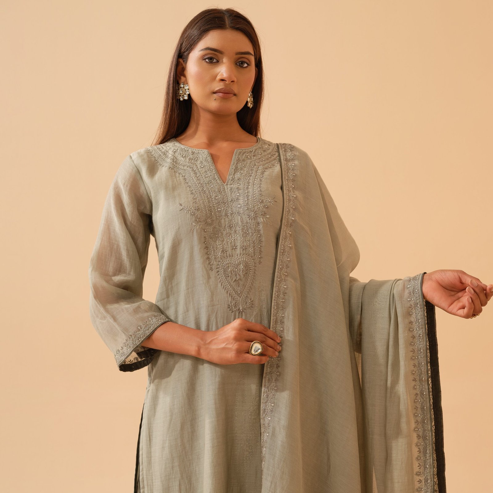 Nargis - Light Sage Green Mul Chanderi Embroidered Kurta Set with Dupatta