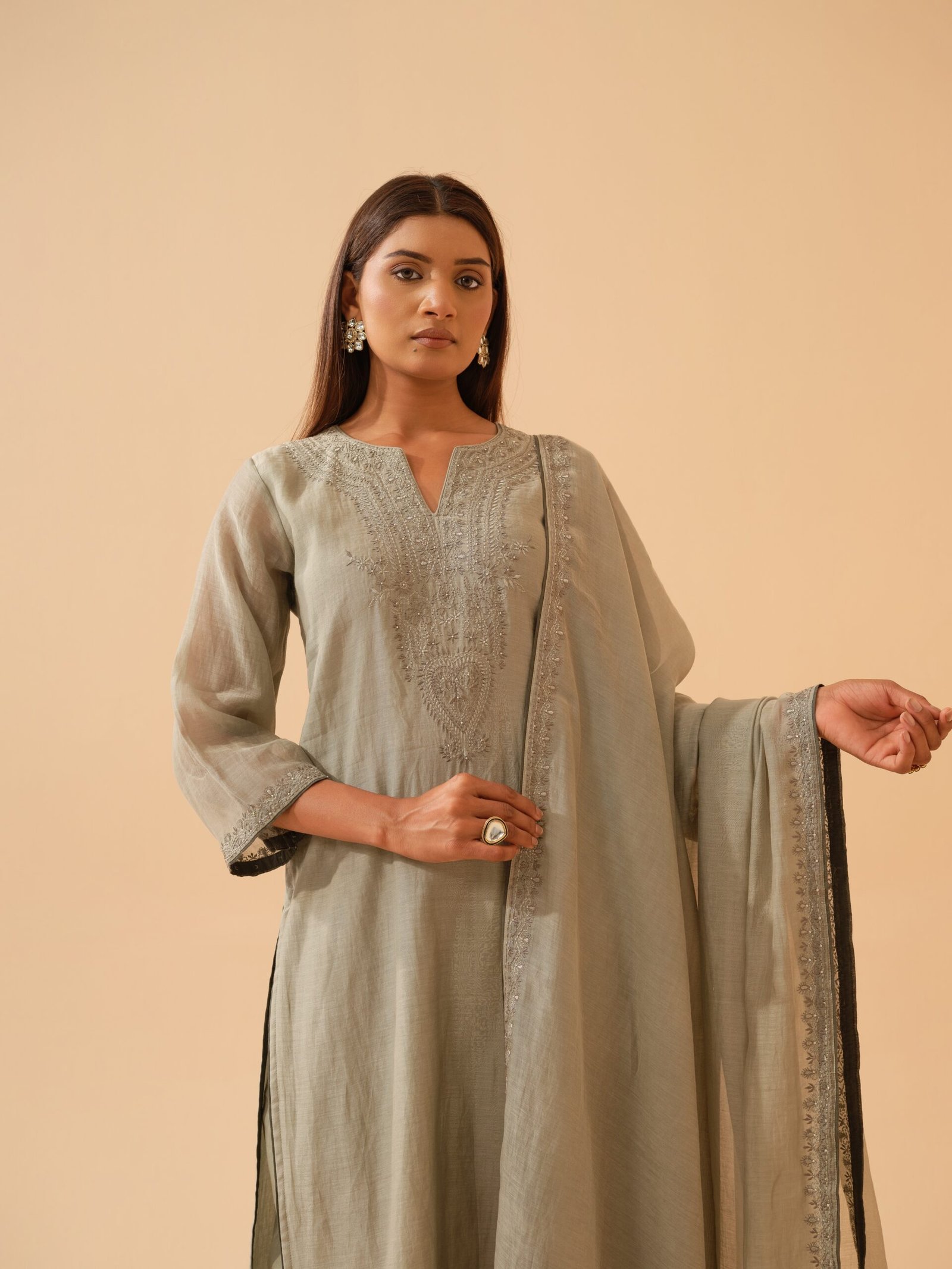 Nargis – Light Sage Green Mul Chanderi Embroidered Kurta Set with Dupatta