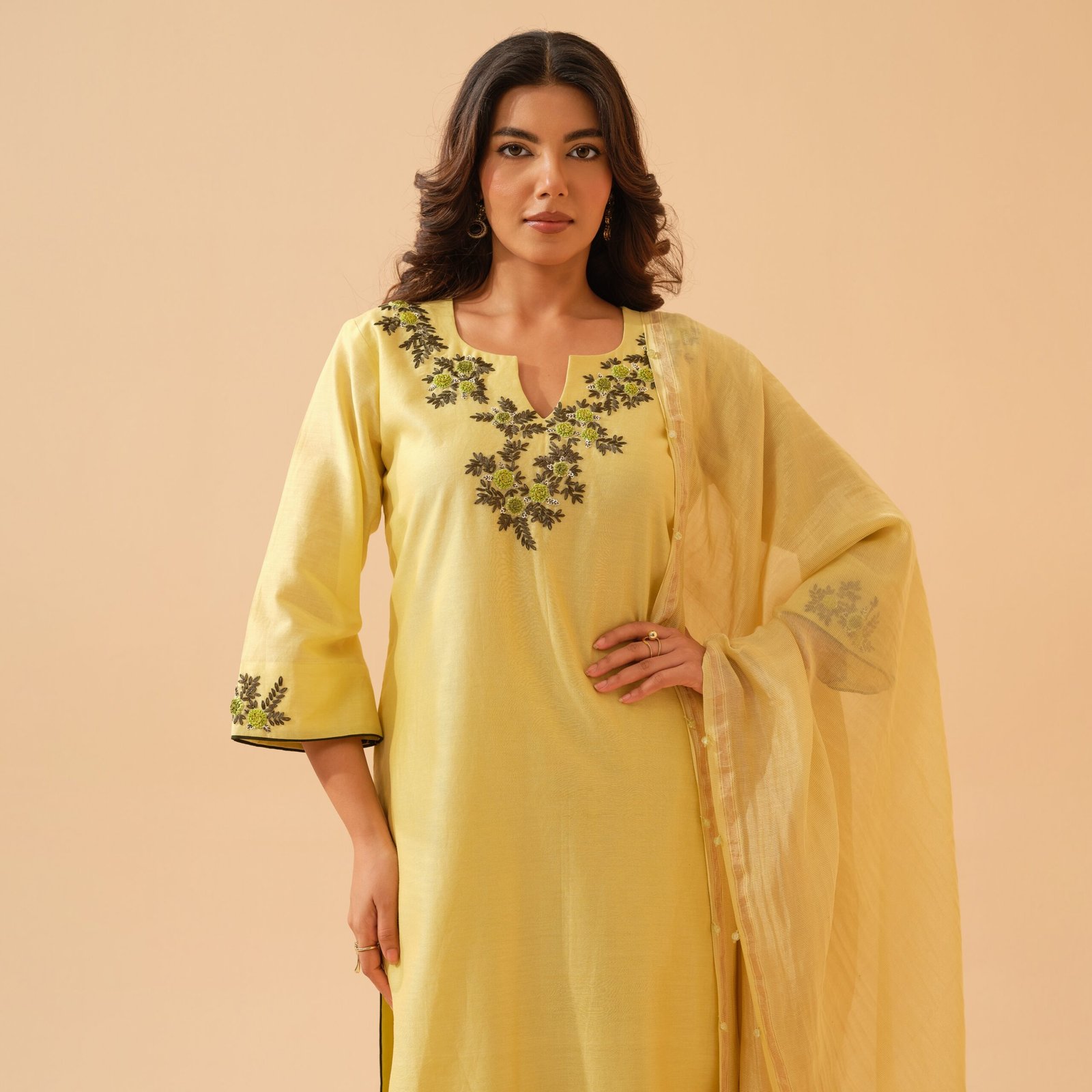 Kumudini- Lime Yellow Chanderi Embroidered Kurta Set