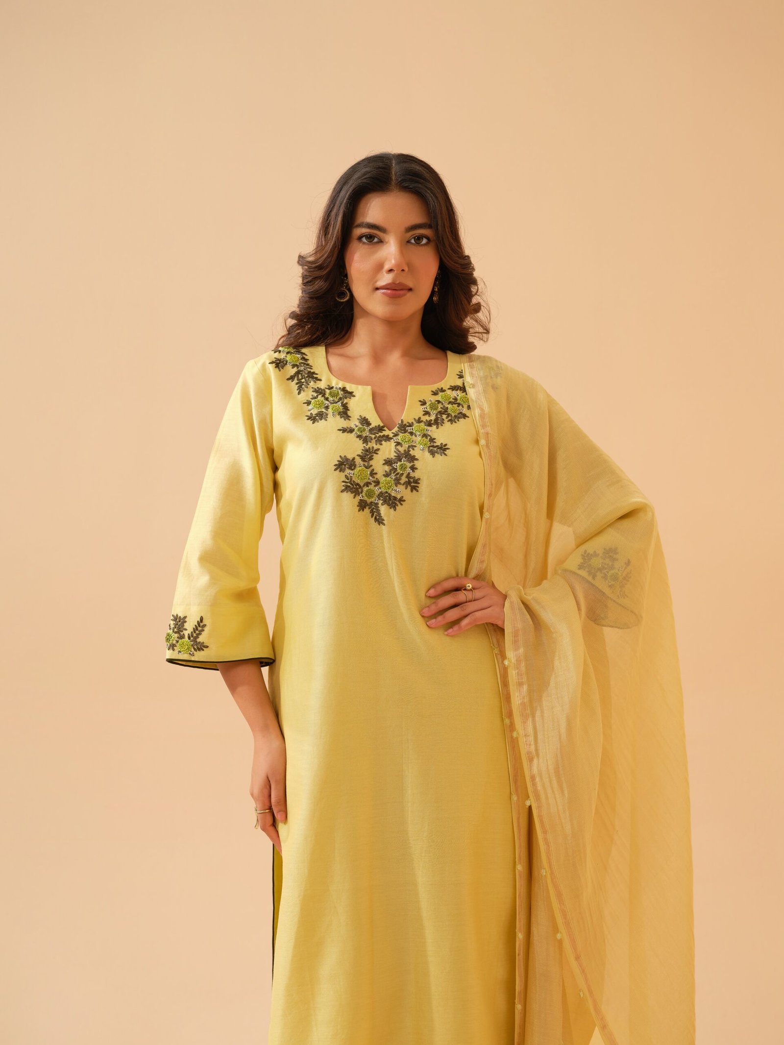 Kumudini- Lime Yellow Chanderi Embroidered Kurta Set