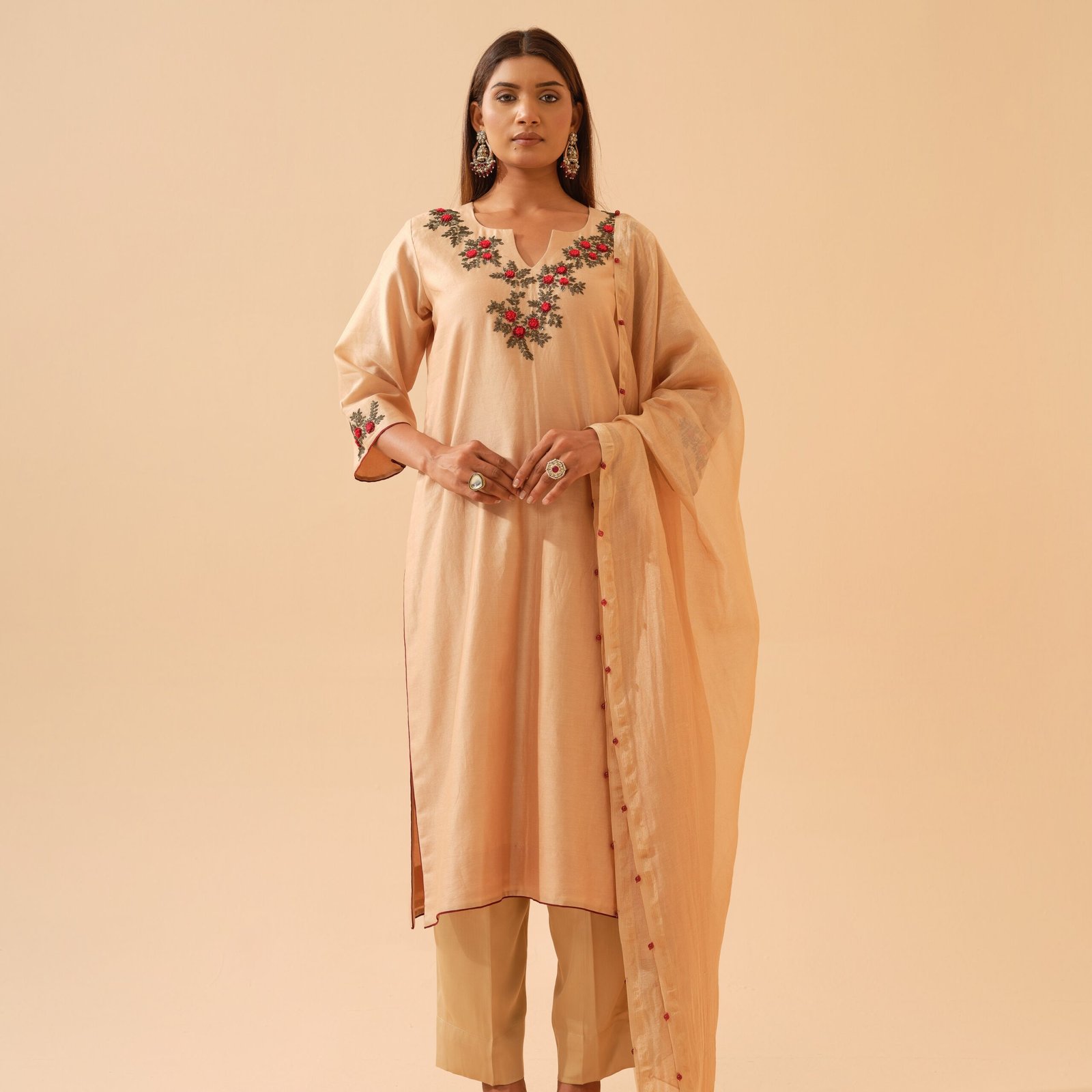 Kumudini- Golden Beige Chanderi Embroidered Kurta Set