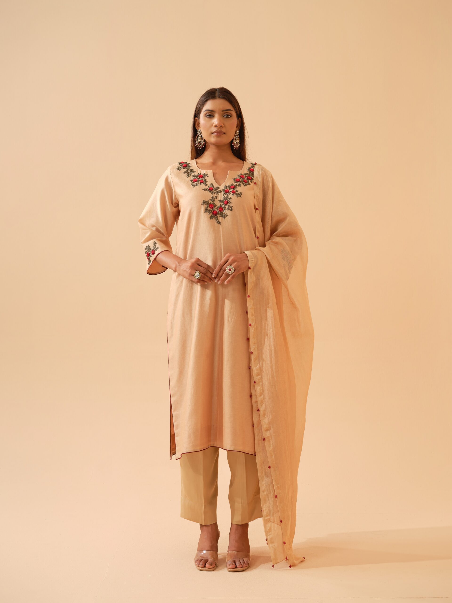 Kumudini- Golden Beige Chanderi Embroidered Kurta Set