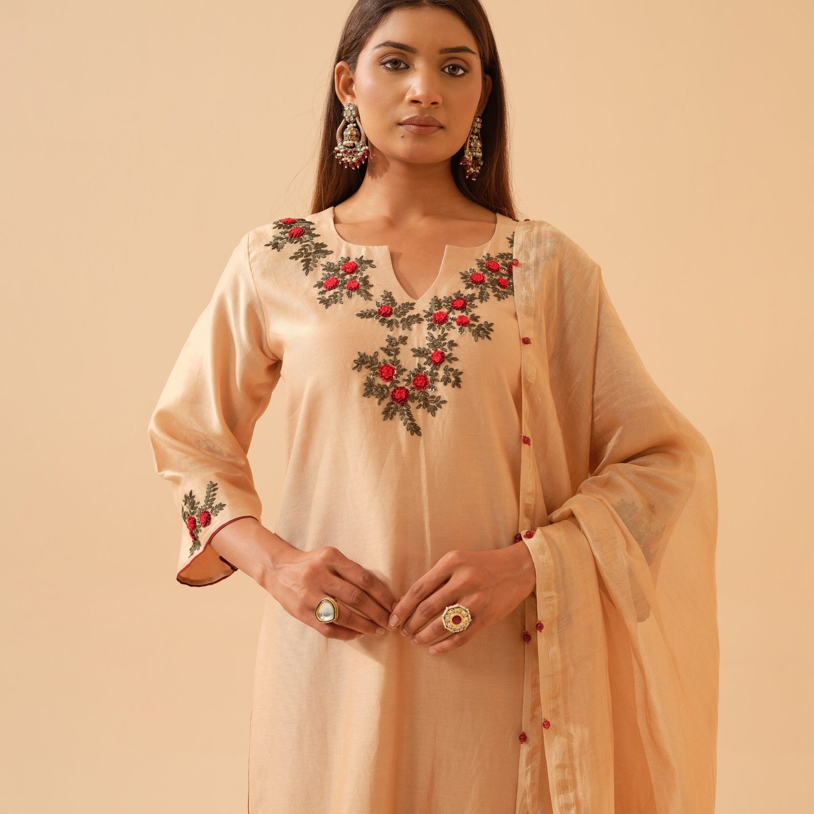 Kumudini- Golden Beige Chanderi Embroidered Kurta Set