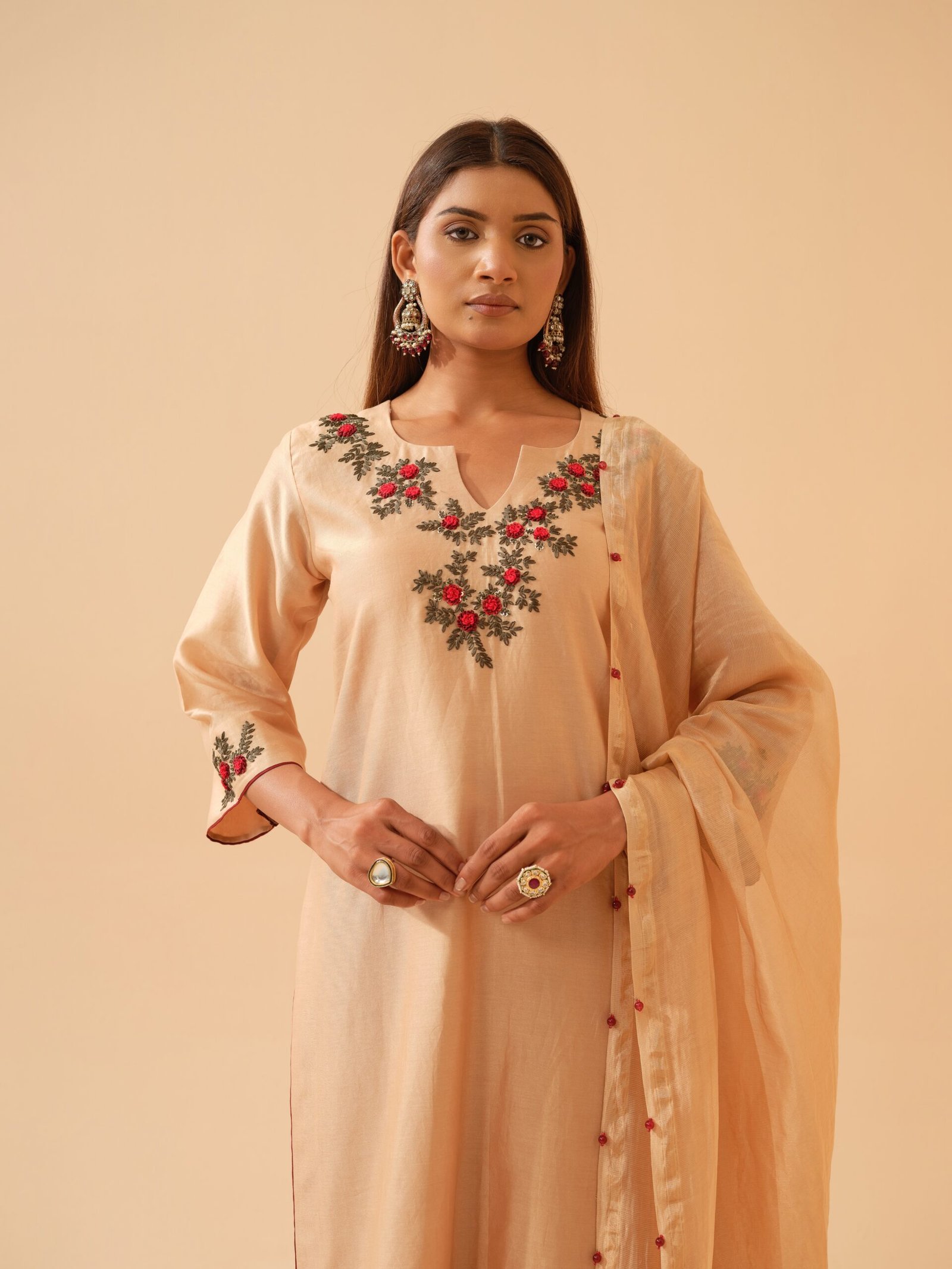 Kumudini- Golden Beige Chanderi Embroidered Kurta Set