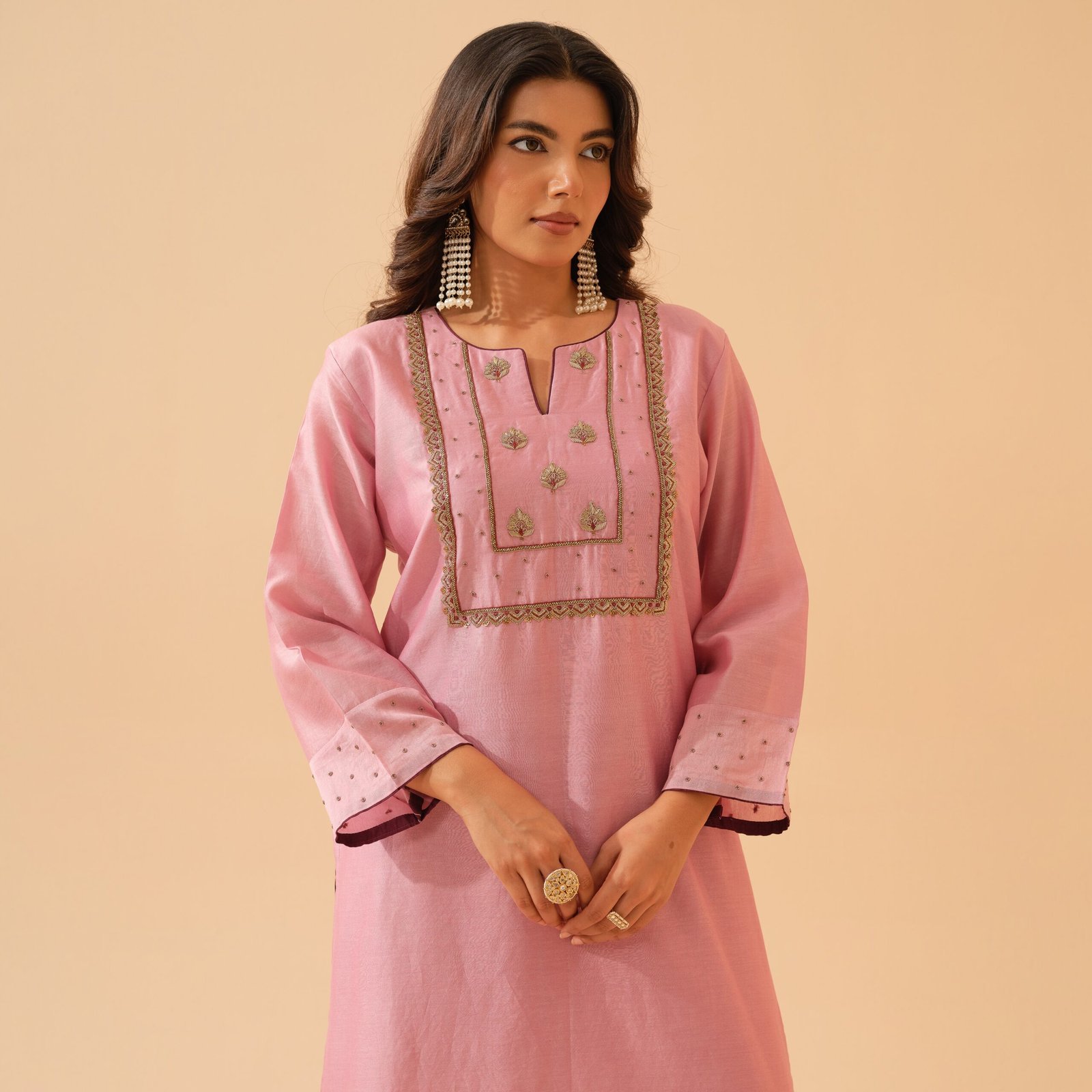 Kadambari- Rose Pink Chanderi Hand Embroidered Kurta Set