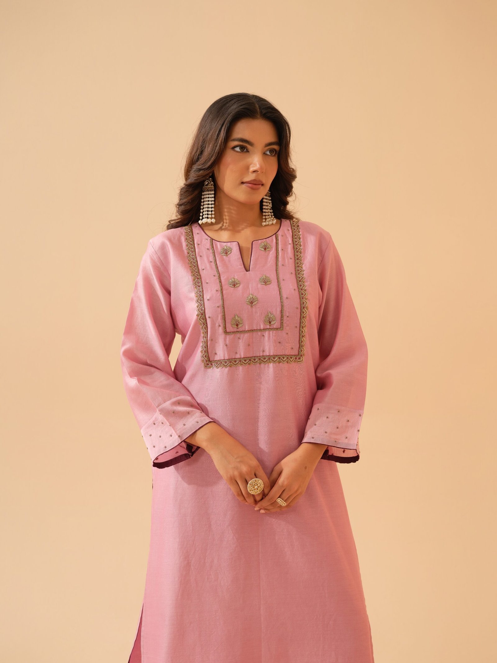 Kadambari- Rose Pink Chanderi Hand Embroidered Kurta Set