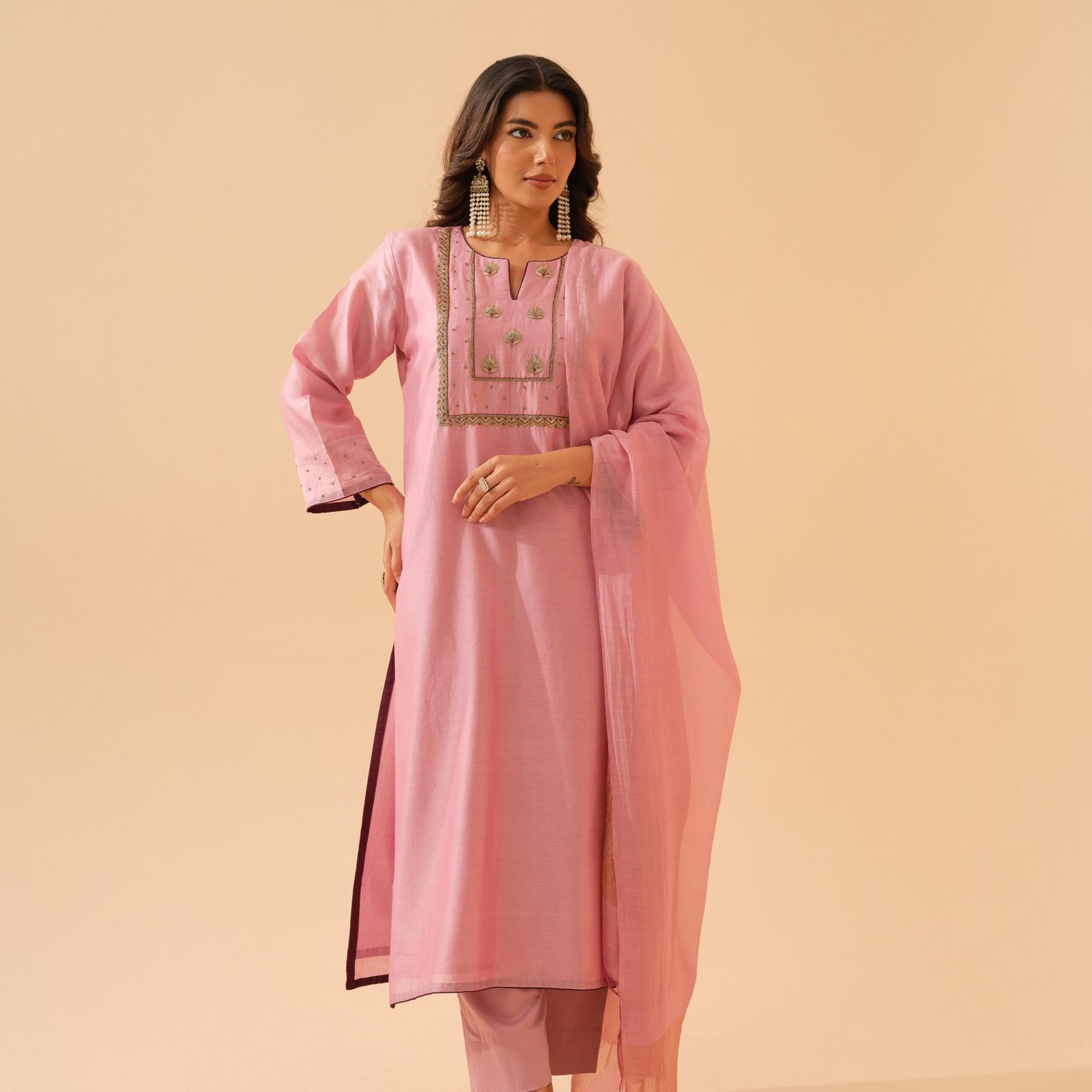 Kadambari- Rose Pink Chanderi Hand Embroidered Kurta Set