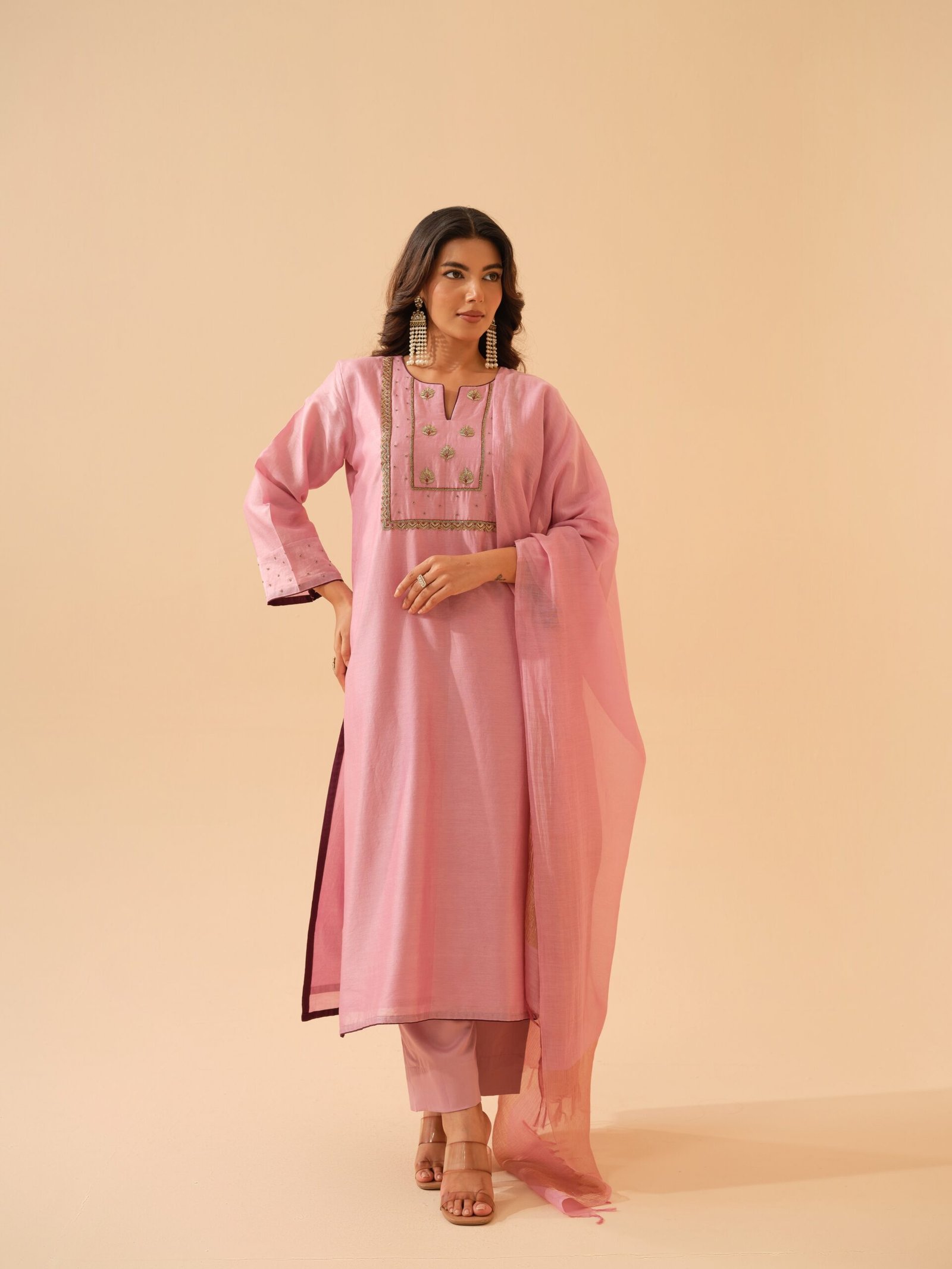 Kadambari- Rose Pink Chanderi Hand Embroidered Kurta Set