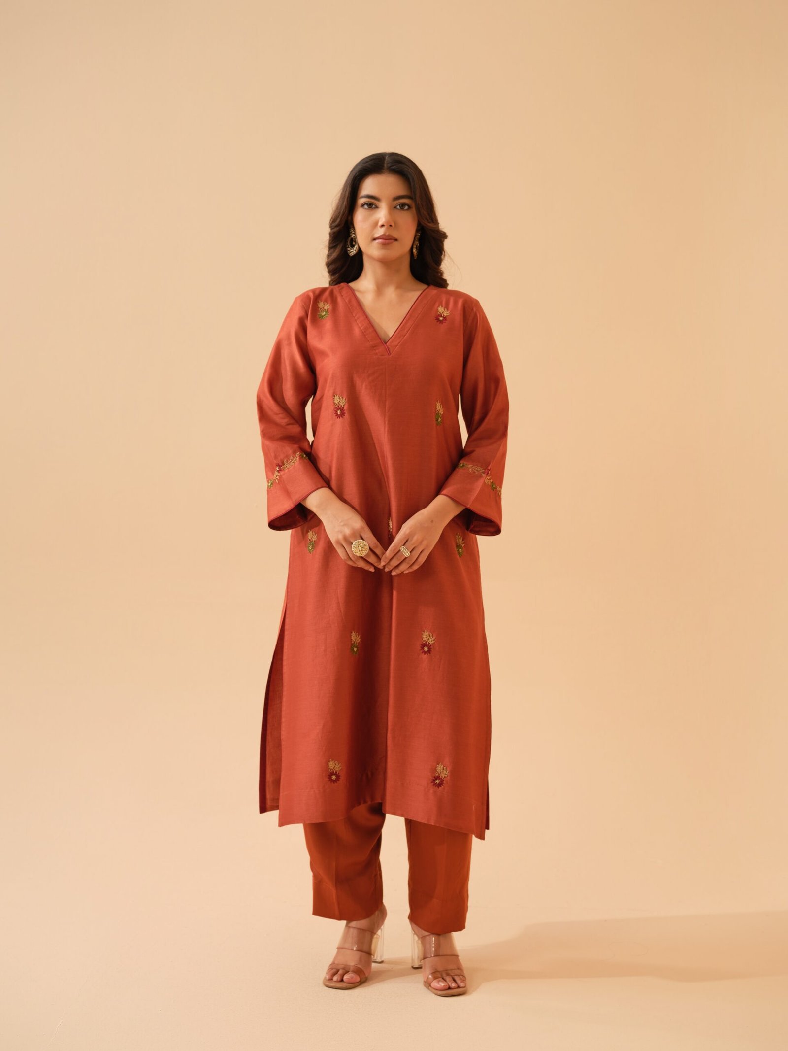 Bani- Deep Rust Chanderi Hand Embroidered Kurta Set