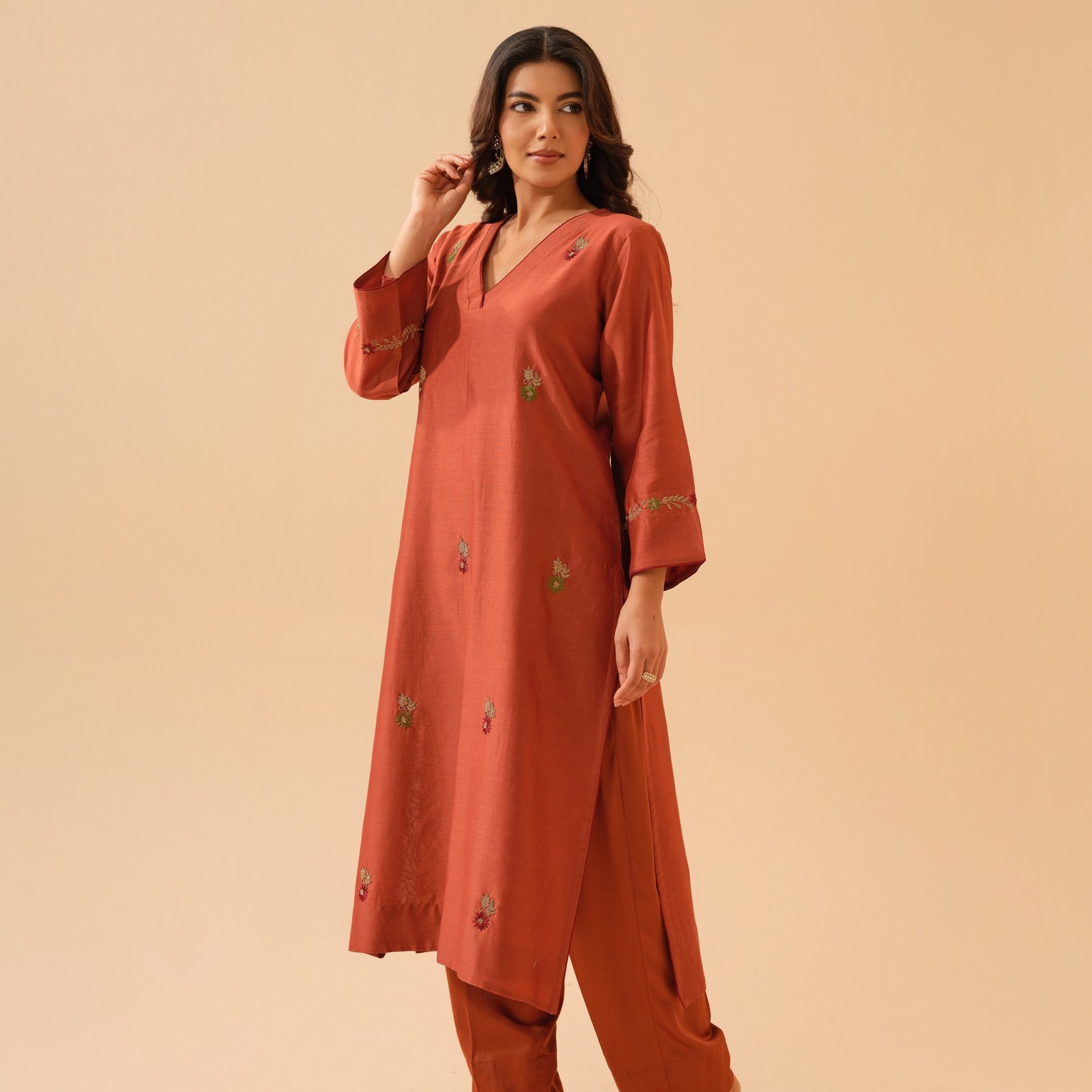 Bani- Deep Rust Chanderi Hand Embroidered Kurta Set