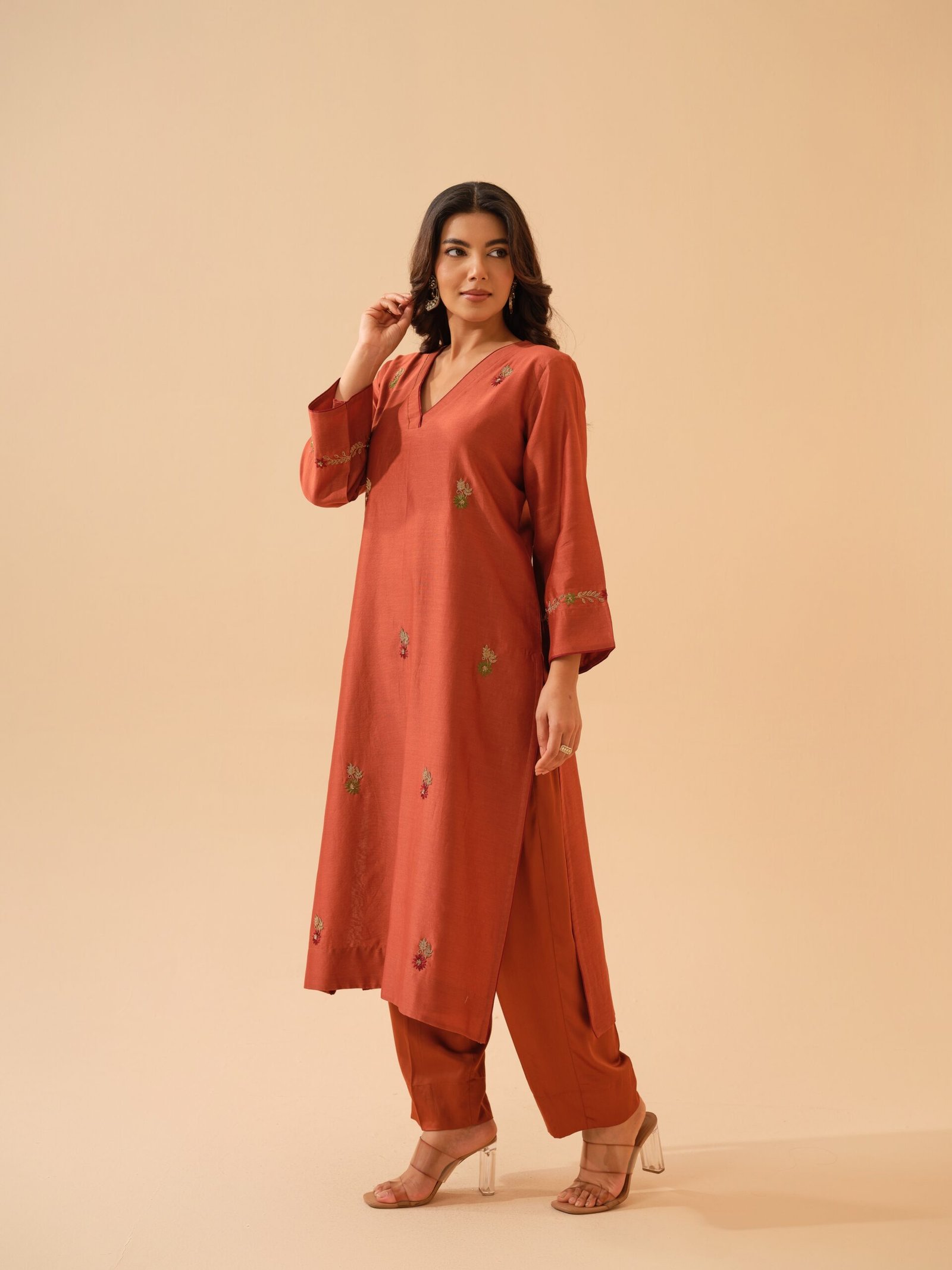 Bani- Deep Rust Chanderi Hand Embroidered Kurta Set