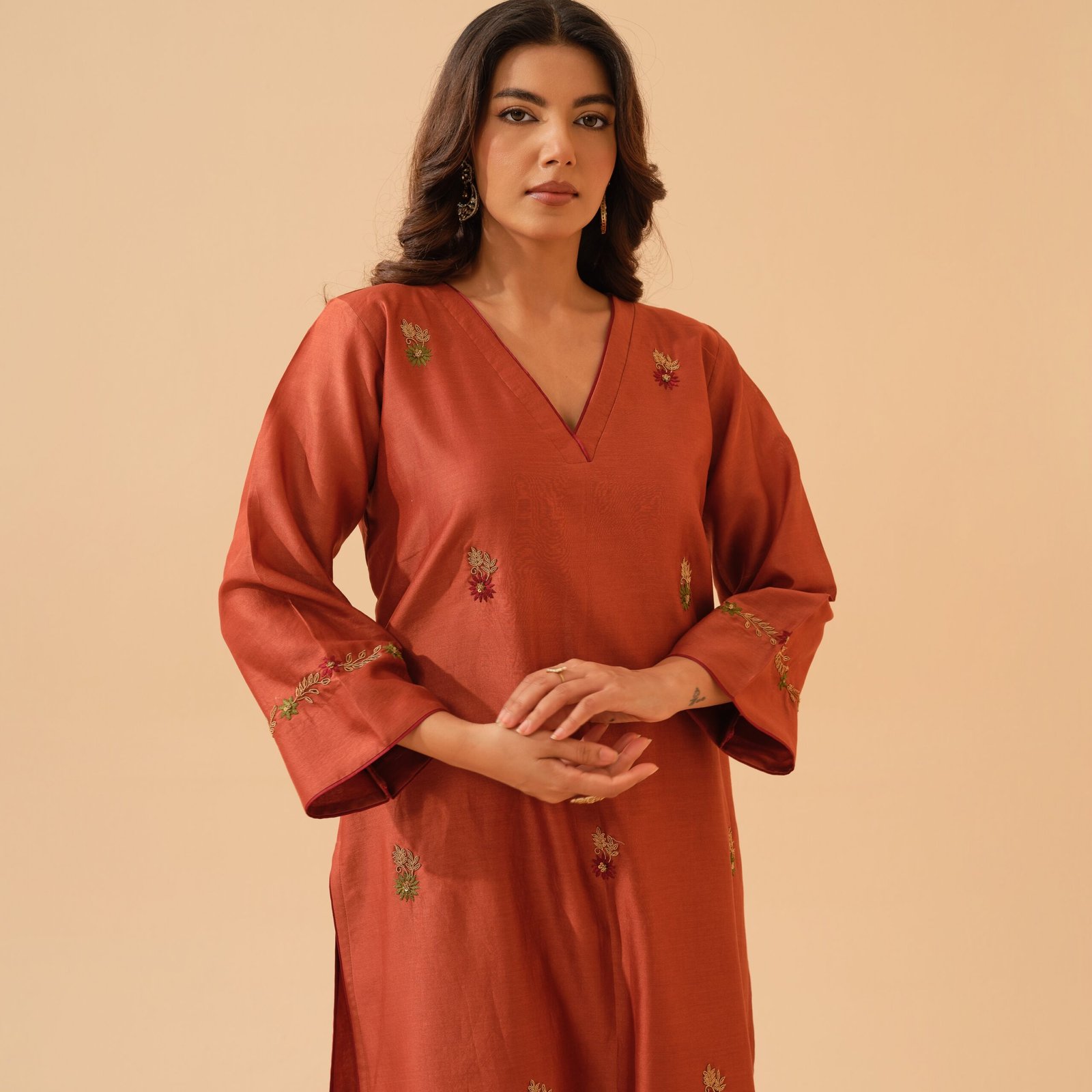 Bani- Deep Rust Chanderi Hand Embroidered Kurta Set