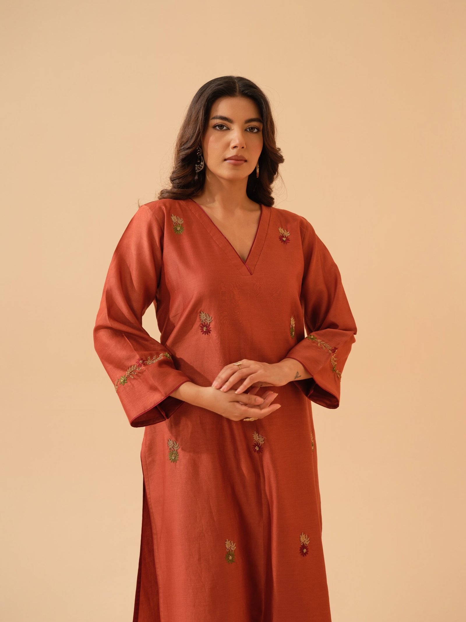 Bani- Deep Rust Chanderi Hand Embroidered Kurta Set