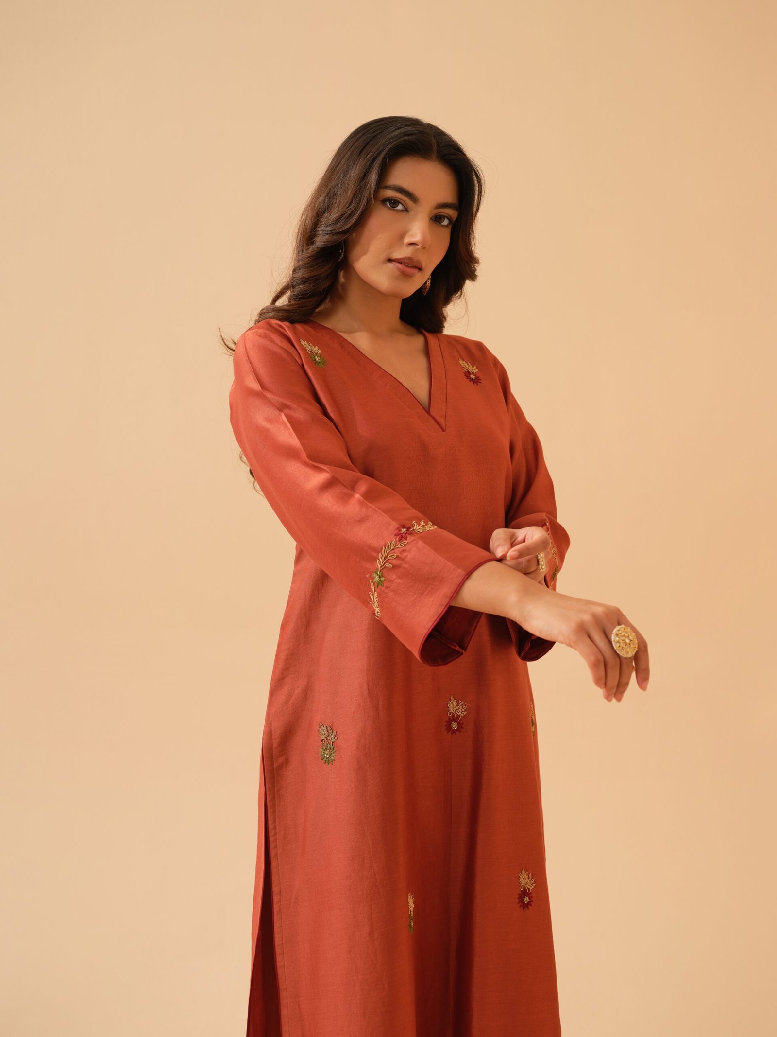 Bani- Deep Rust Chanderi Hand Embroidered Kurta Set