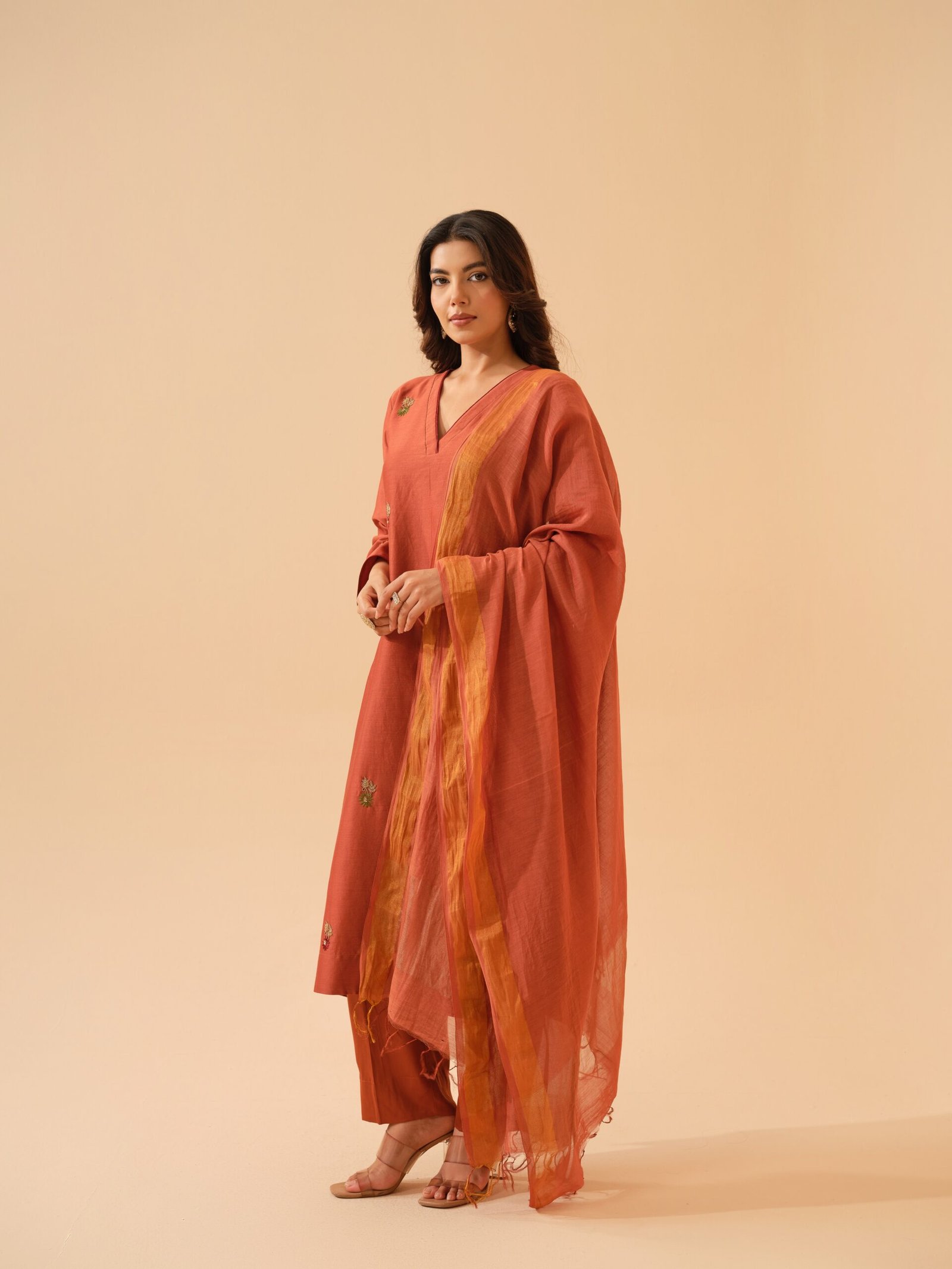 Bani- Deep Rust Chanderi Hand Embroidered Kurta Set