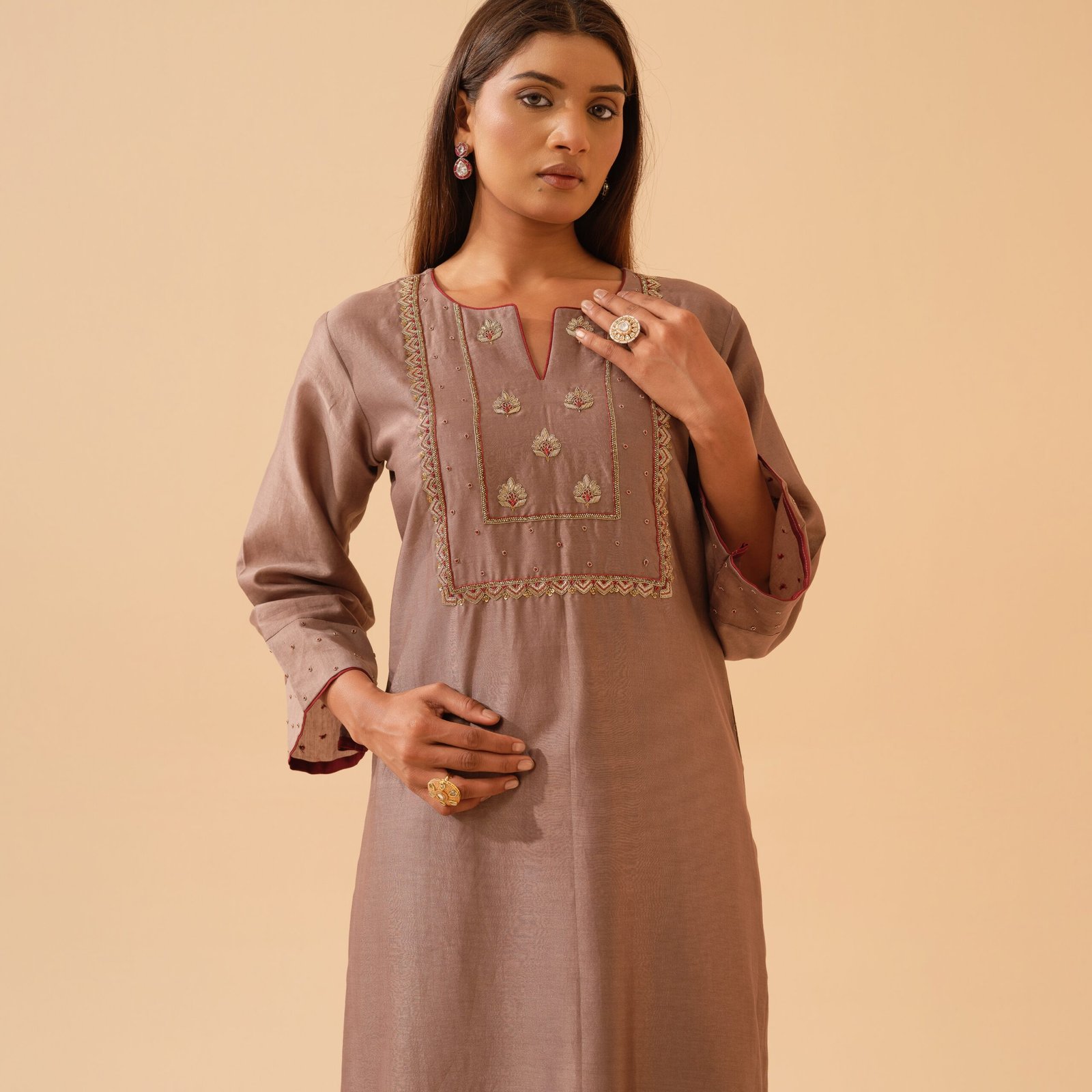 Kadambari- Light Mocha Chanderi Hand Embroidered Kurta Set