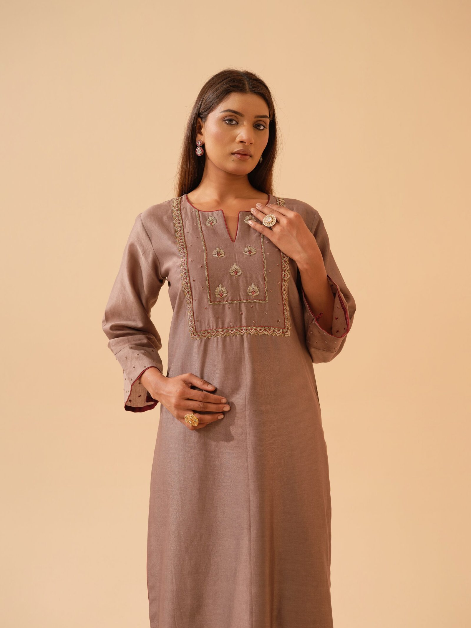 Kadambari- Light Mocha Chanderi Hand Embroidered Kurta Set