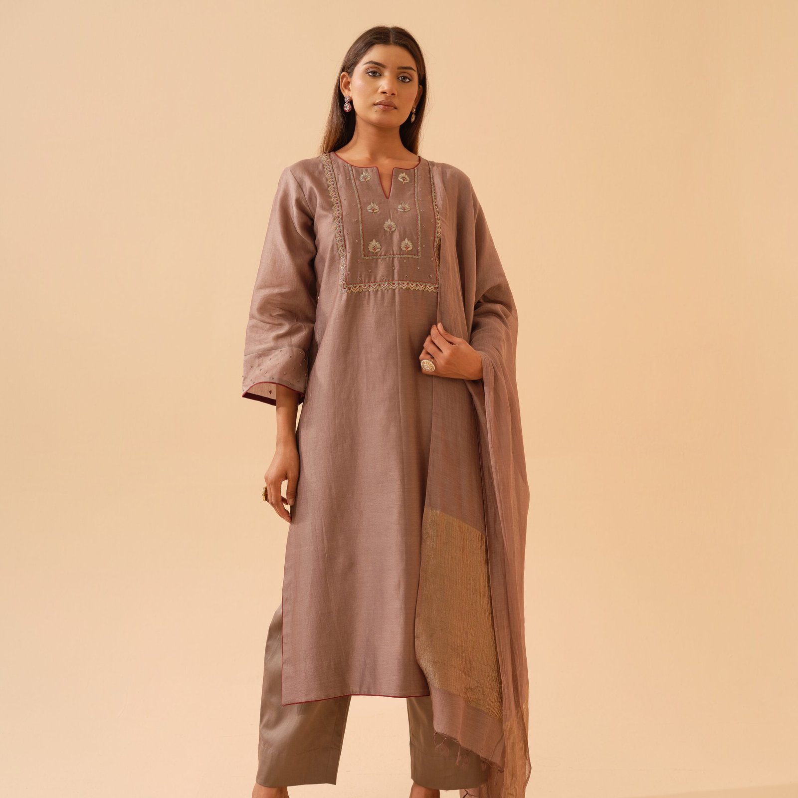 Kadambari- Light Mocha Chanderi Hand Embroidered Kurta Set