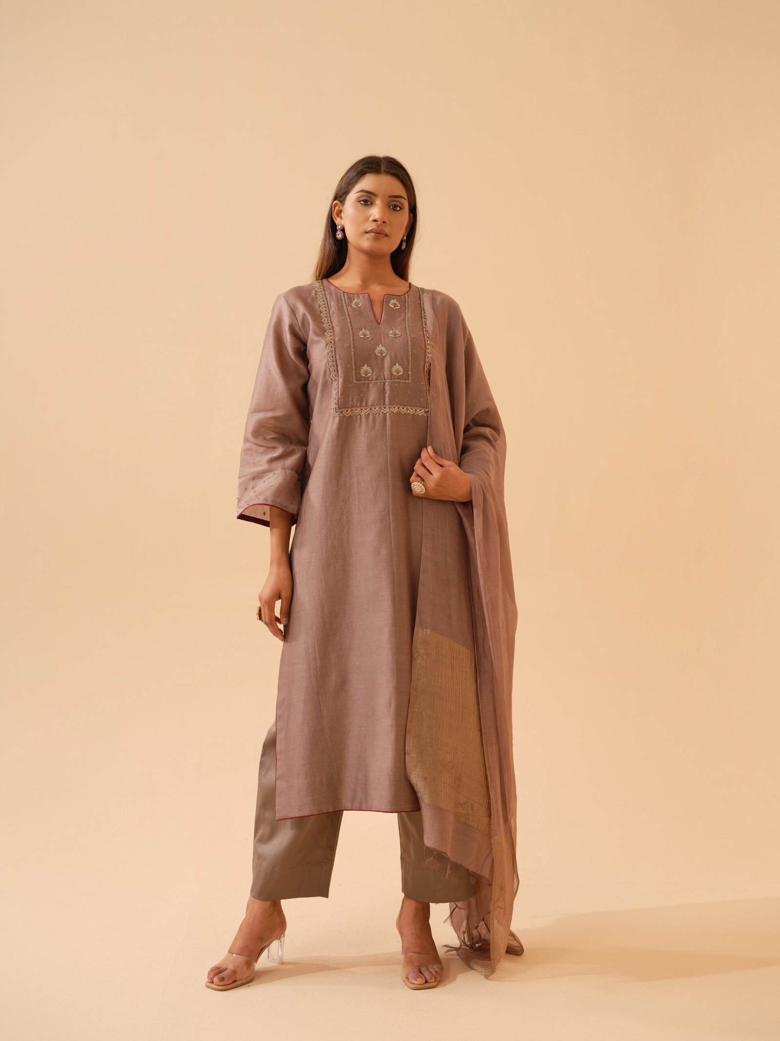 Kadambari- Light Mocha Chanderi Hand Embroidered Kurta Set