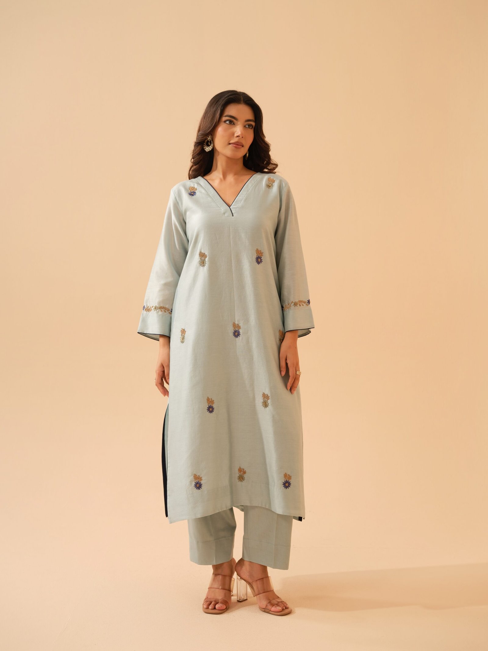 Bani- Ice Blue Chanderi Hand Embroidered Kurta Set