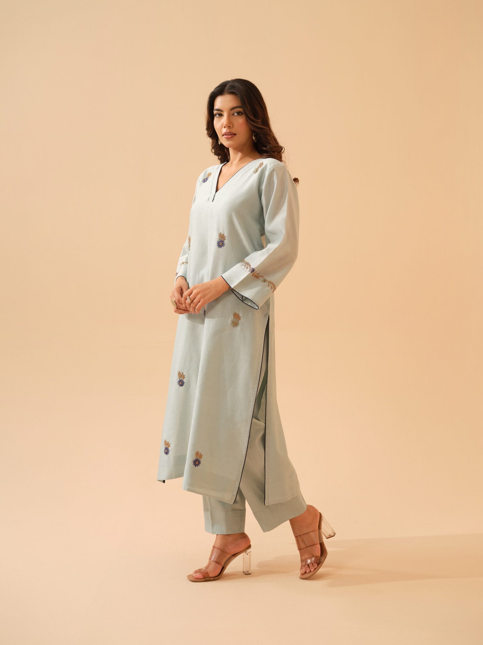 Bani- Ice Blue Chanderi Hand Embroidered Kurta Set