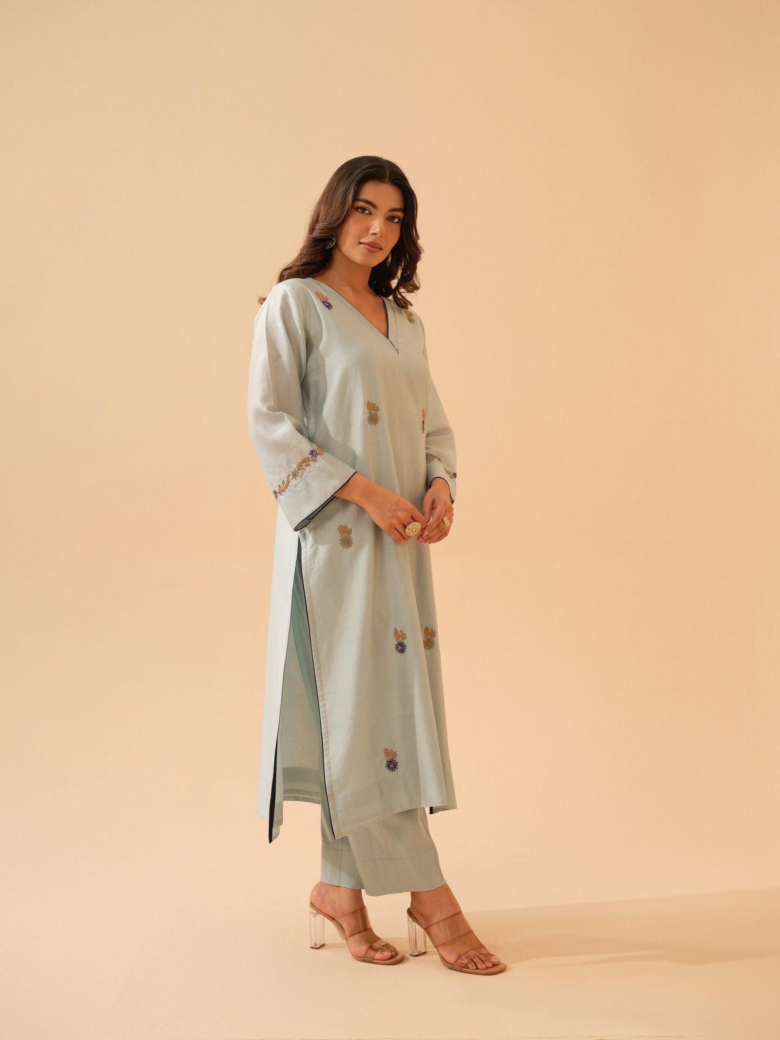 Bani- Ice Blue Chanderi Hand Embroidered Kurta Set