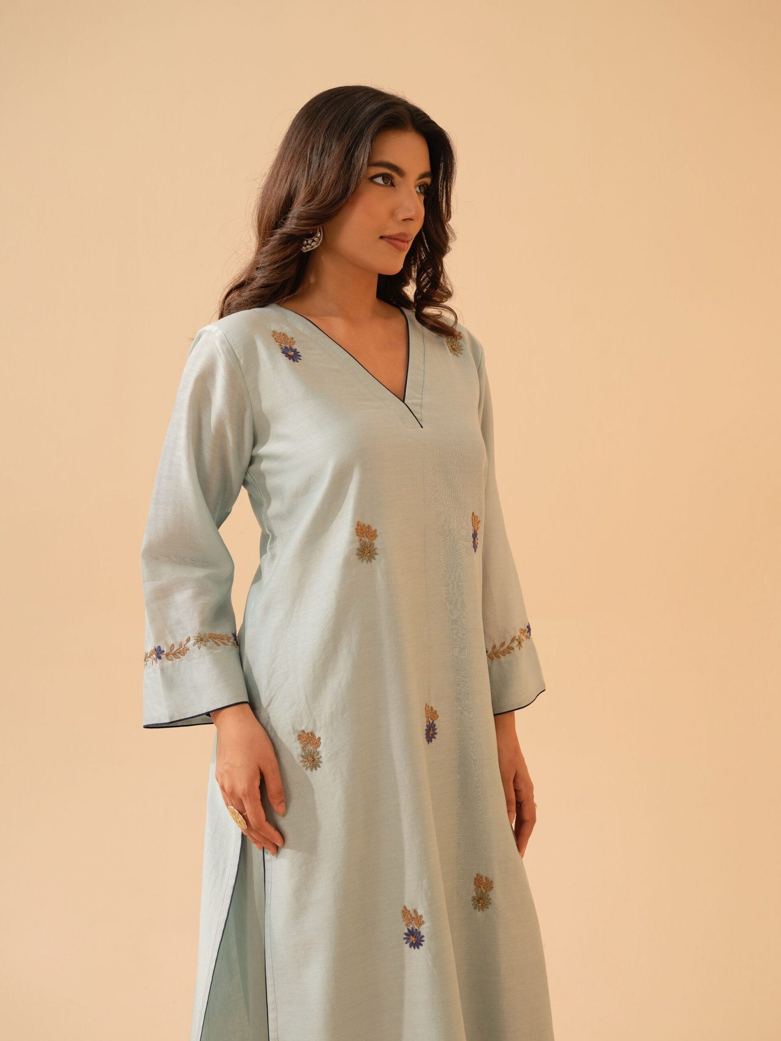 Bani- Ice Blue Chanderi Hand Embroidered Kurta Set