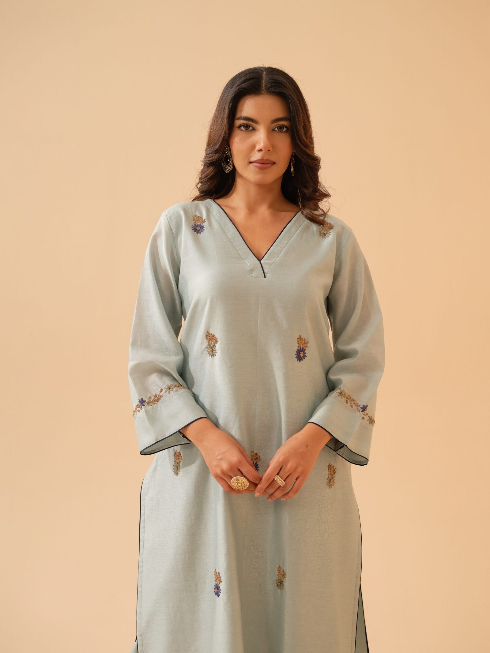 Bani- Ice Blue Chanderi Hand Embroidered Kurta Set