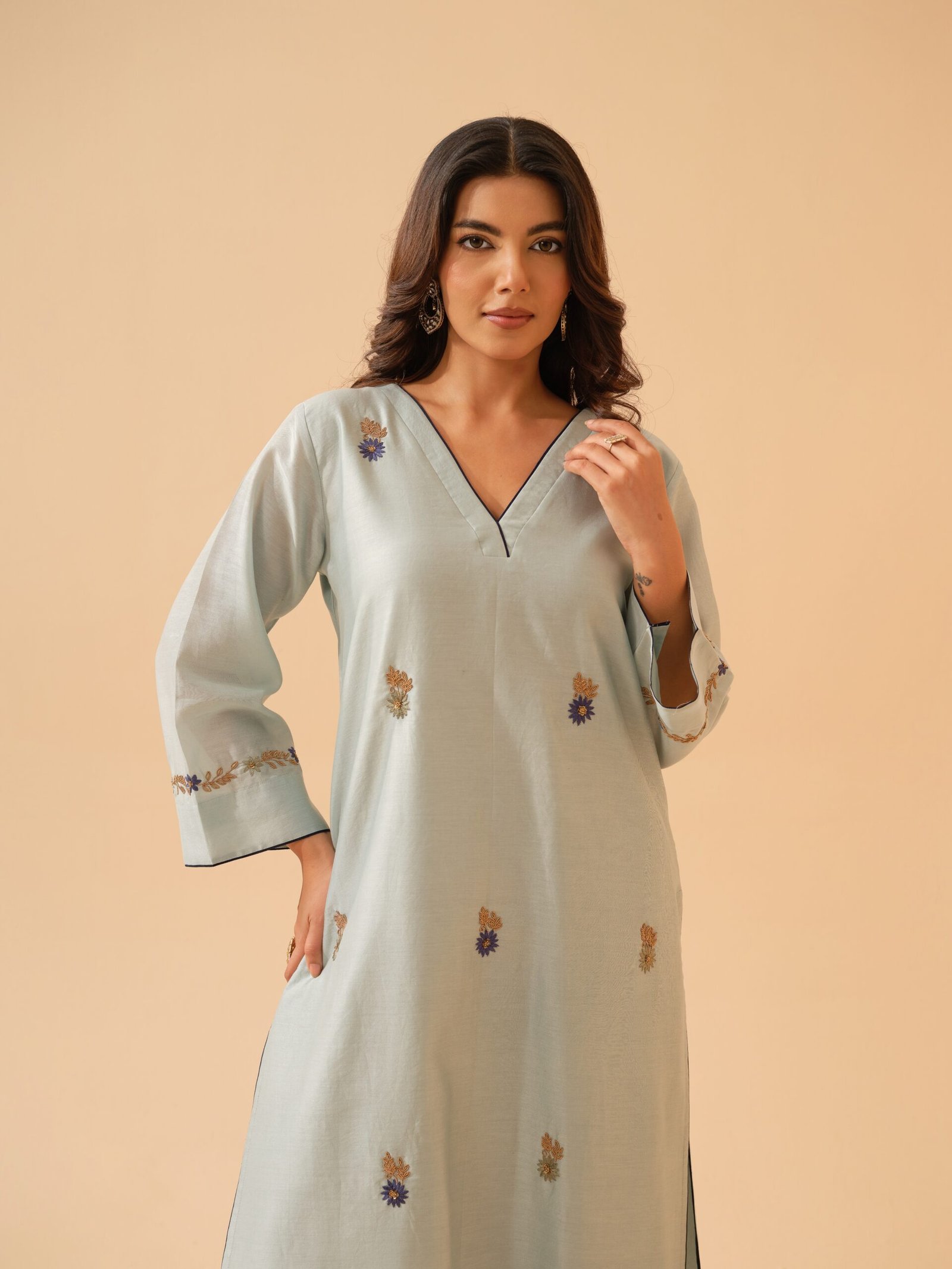 Bani- Ice Blue Chanderi Hand Embroidered Kurta Set