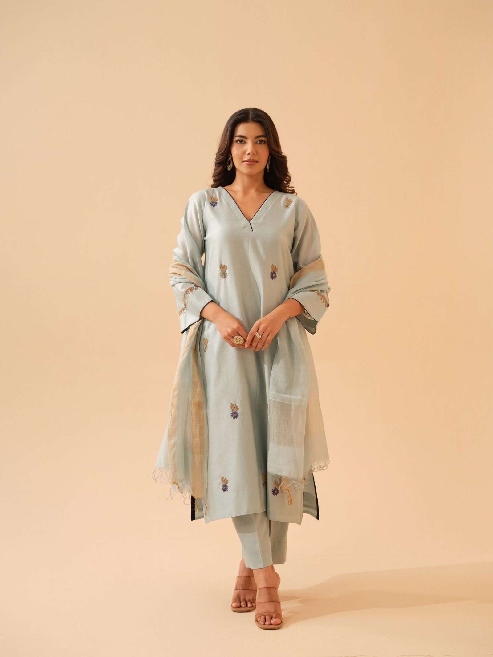 Bani- Ice Blue Chanderi Hand Embroidered Kurta Set