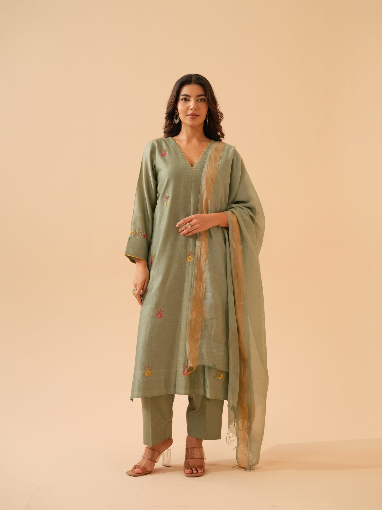 Bani- Pistachio Green Chanderi Hand Embroidered Kurta Set