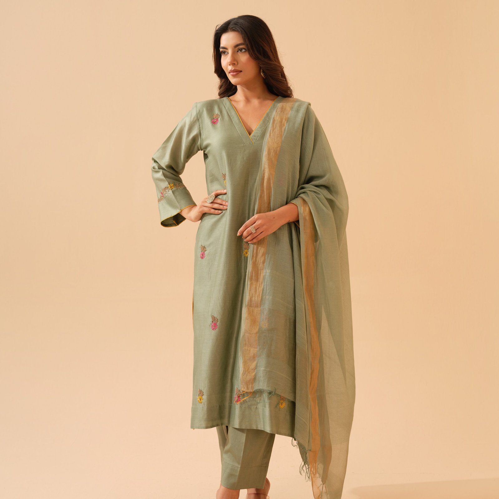 Bani- Pistachio Green Chanderi Hand Embroidered Kurta Set