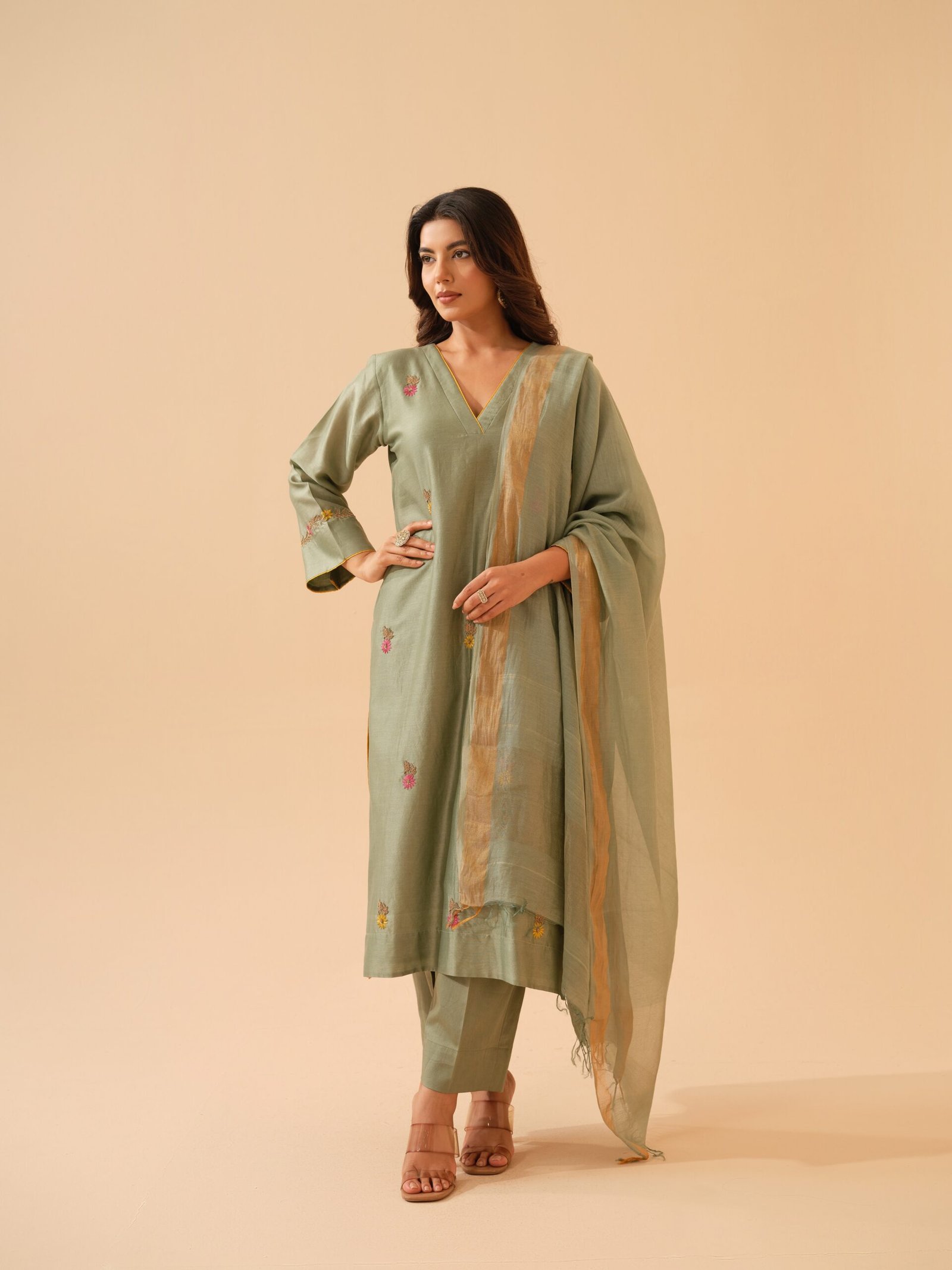 Bani- Pistachio Green Chanderi Hand Embroidered Kurta Set