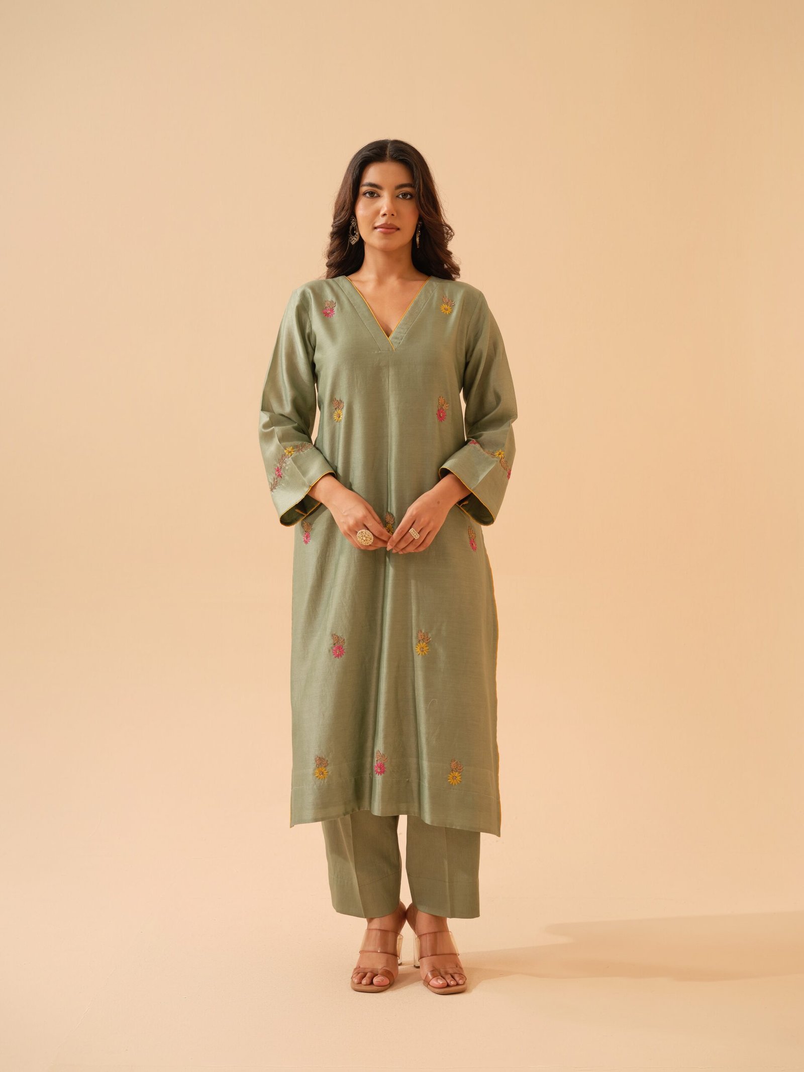 Bani- Pistachio Green Chanderi Hand Embroidered Kurta Set