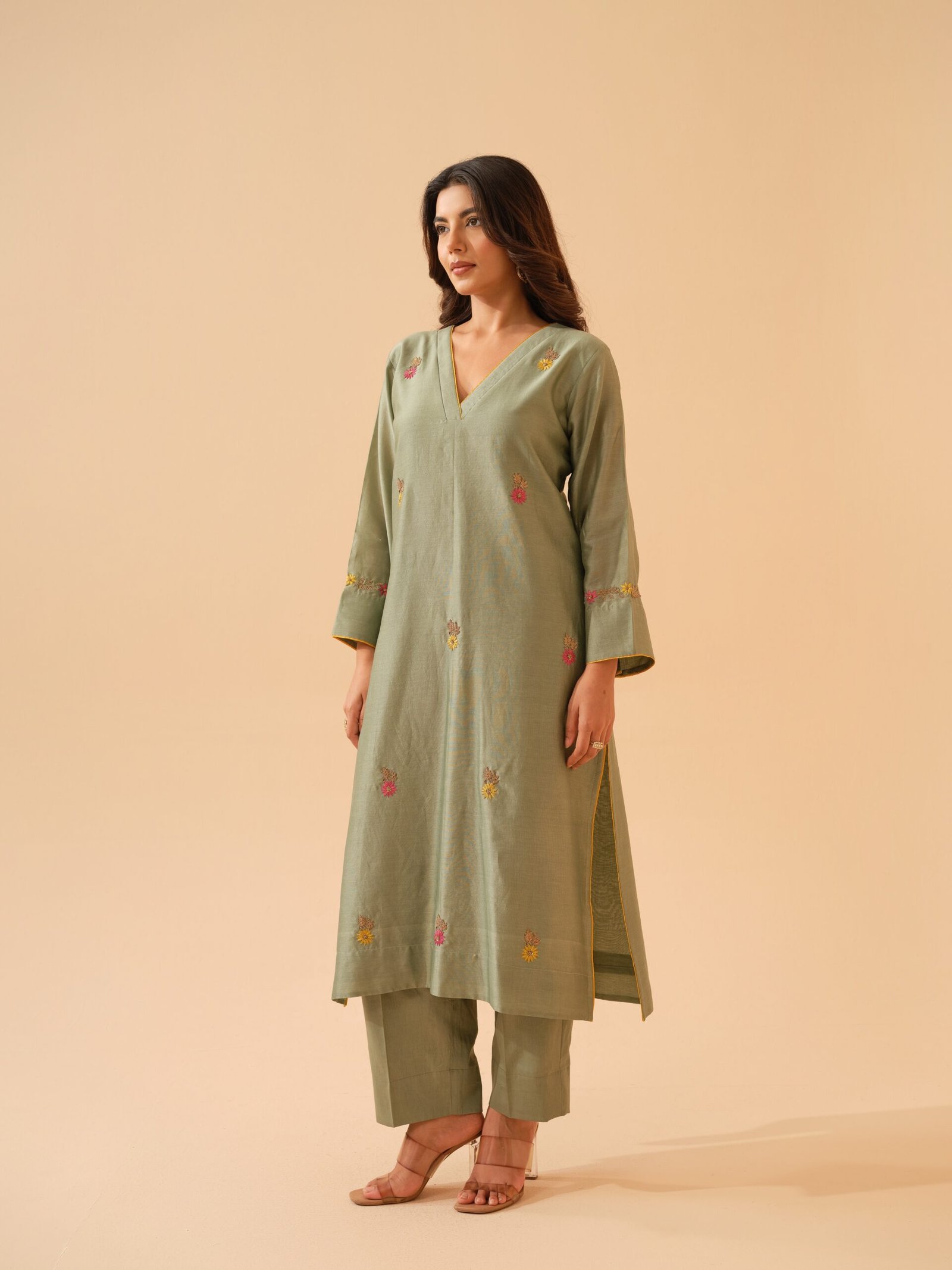 Bani- Pistachio Green Chanderi Hand Embroidered Kurta Set