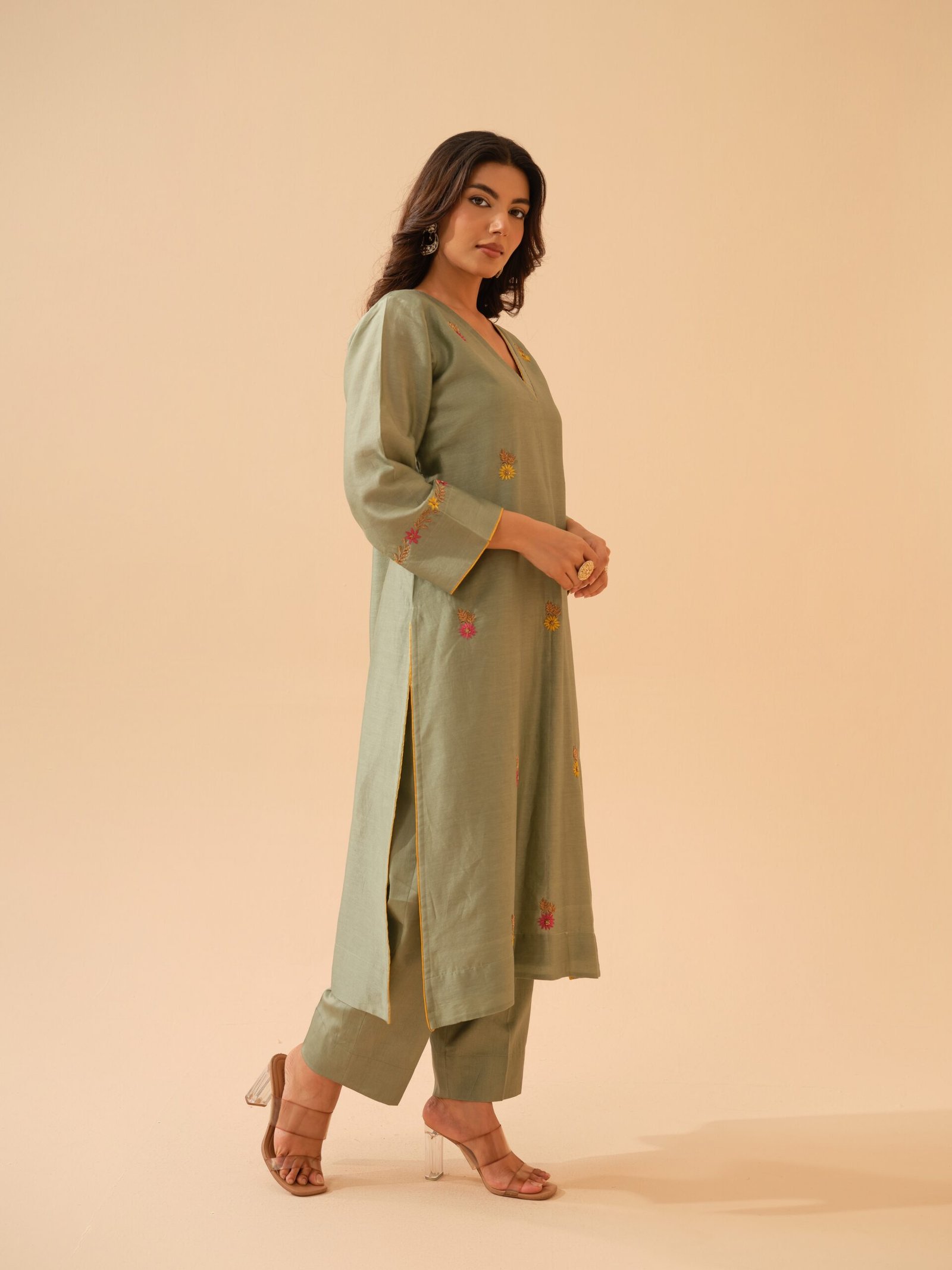 Bani- Pistachio Green Chanderi Hand Embroidered Kurta Set