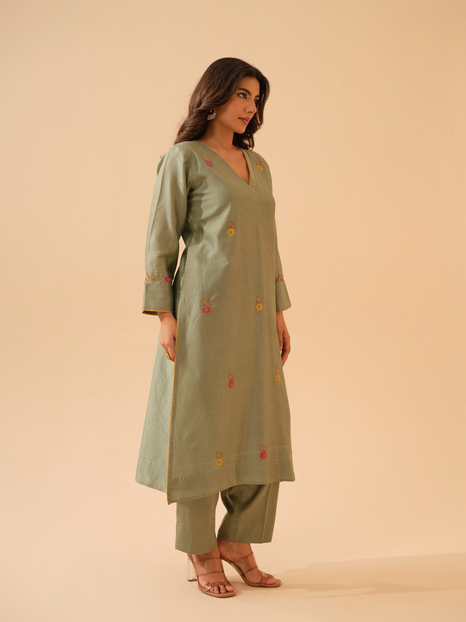 Bani- Pistachio Green Chanderi Hand Embroidered Kurta Set