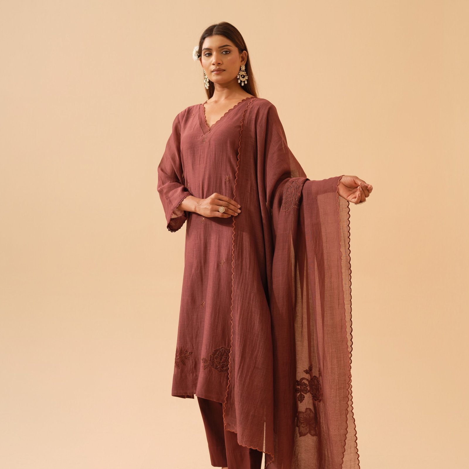 Basant- Chestnut Brown Mul Chanderi Kurta Set with Dupatta