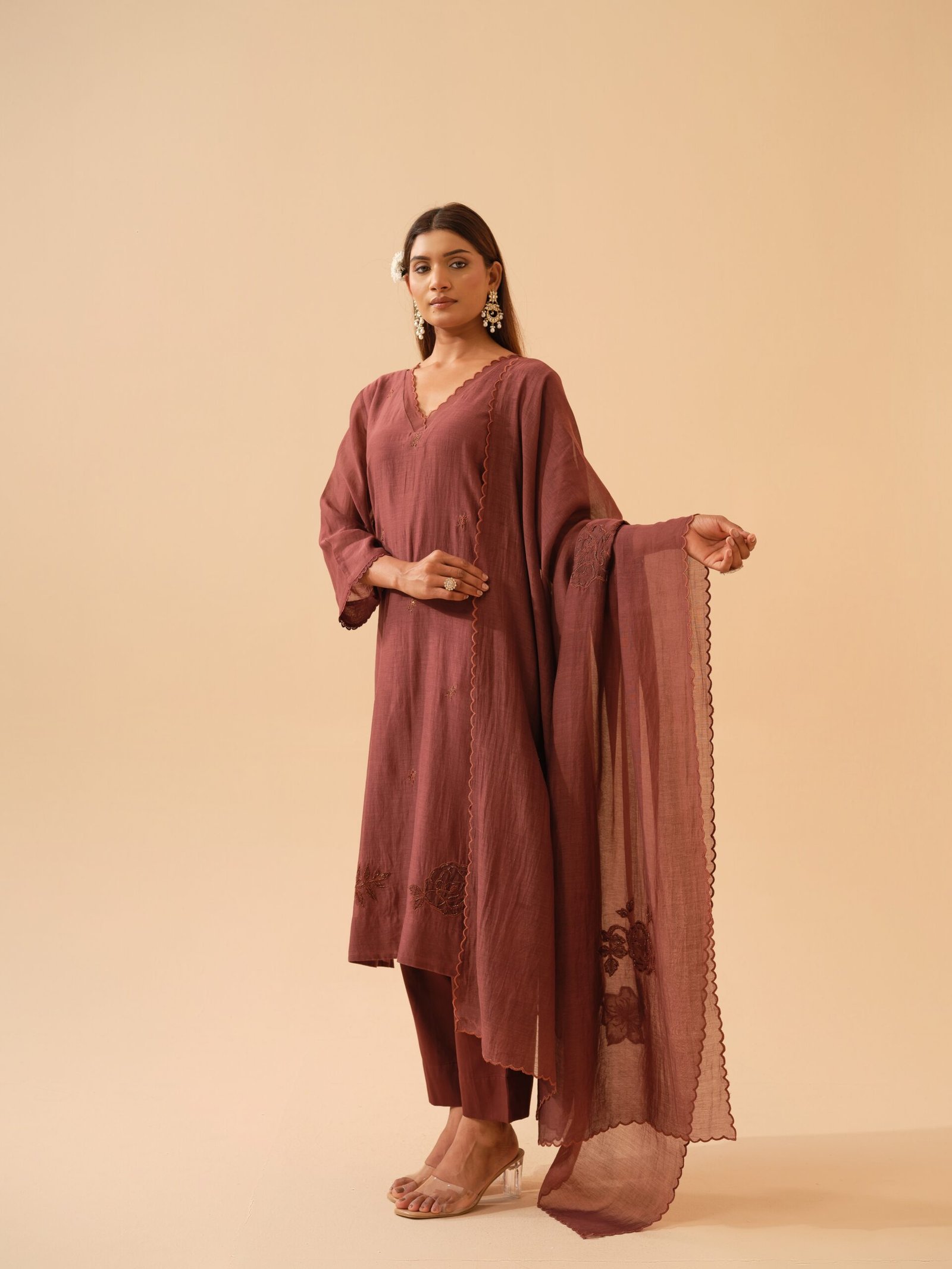 Basant- Chestnut Brown Mul Chanderi Kurta Set with Dupatta