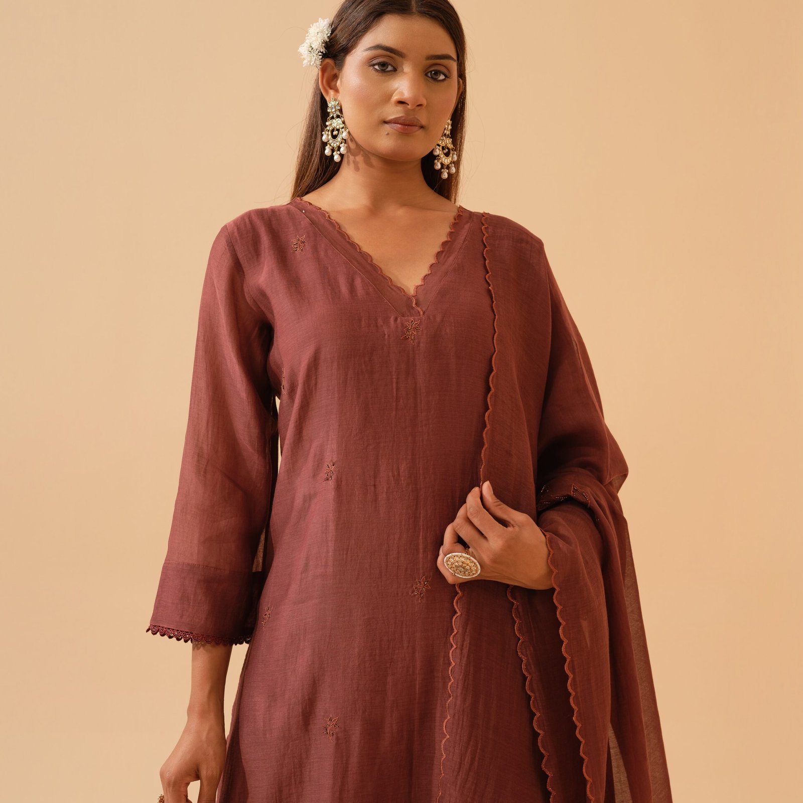 Basant- Chestnut Brown Mul Chanderi Kurta Set with Dupatta