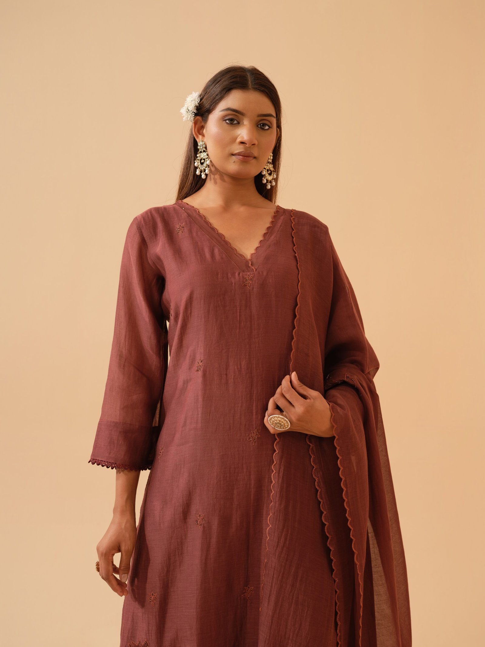 Basant- Chestnut Brown Mul Chanderi Kurta Set with Dupatta