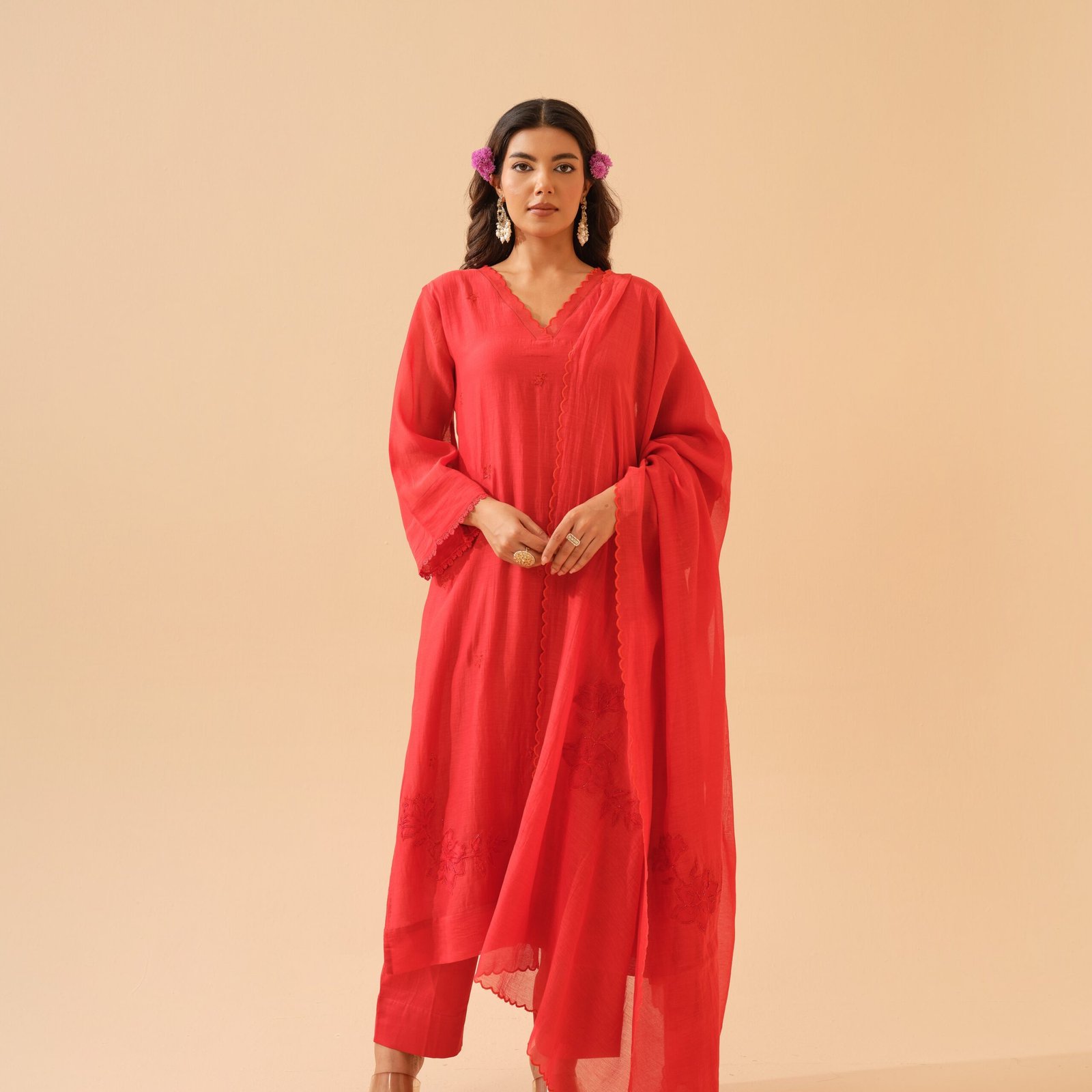 Basant- Scarlet Red Mul Chanderi Kurta Set with Dupatta